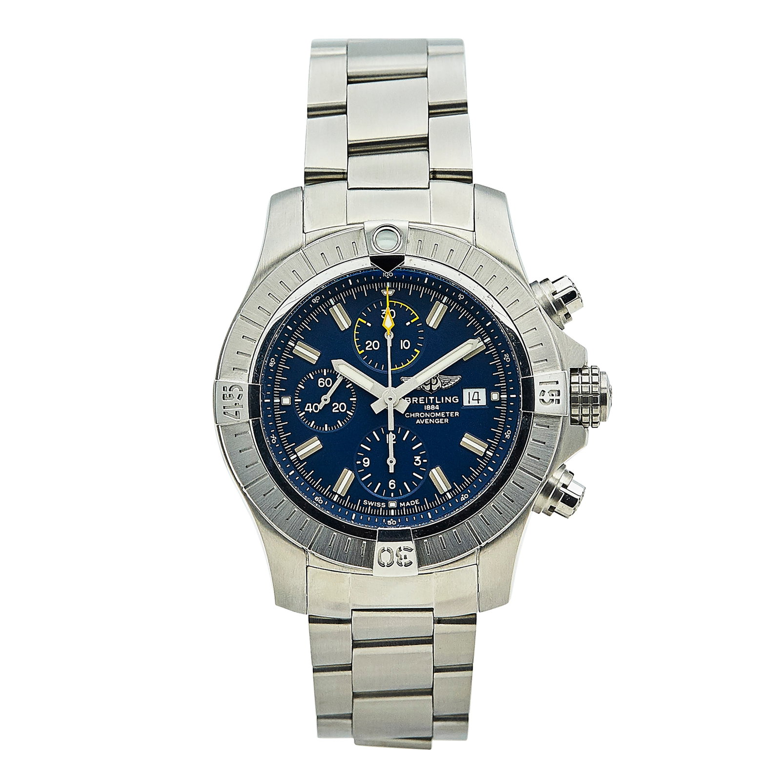 Breitling Chronograph Avenger Stainless Steel Watch Ref. A13317, circa 2021: BRAND: Breitling; STYLE: Chrono Avenger; REF. #: A13317; CONDITION: Pre-owned, Very Good; YEAR: Circa 2021; ADDITIONAL COMMENTS: Scratches throughout watch, Accompanied by warranty; CASE SIZE (mm): 45