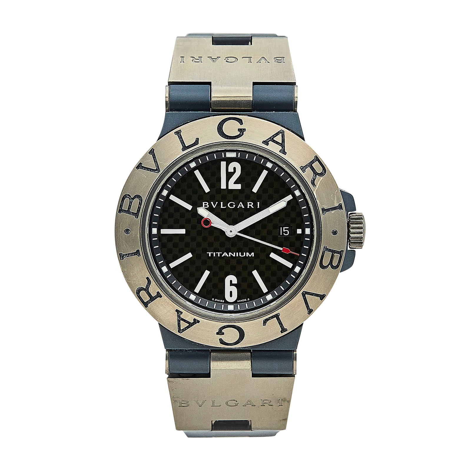 Bulgari Bvlgari Diagono Titanium Watch Ref. TI 44 TA, circa 2008: BRAND: Bulgari; REF. #: TI 44TA; CONDITION: Pre-owned, Very Good; YEAR: Circa 2008; ADDITIONAL COMMENTS: Scratches throughout watch, Light scratching on sapphire crystal between 12 o'clock and 1 o'clo