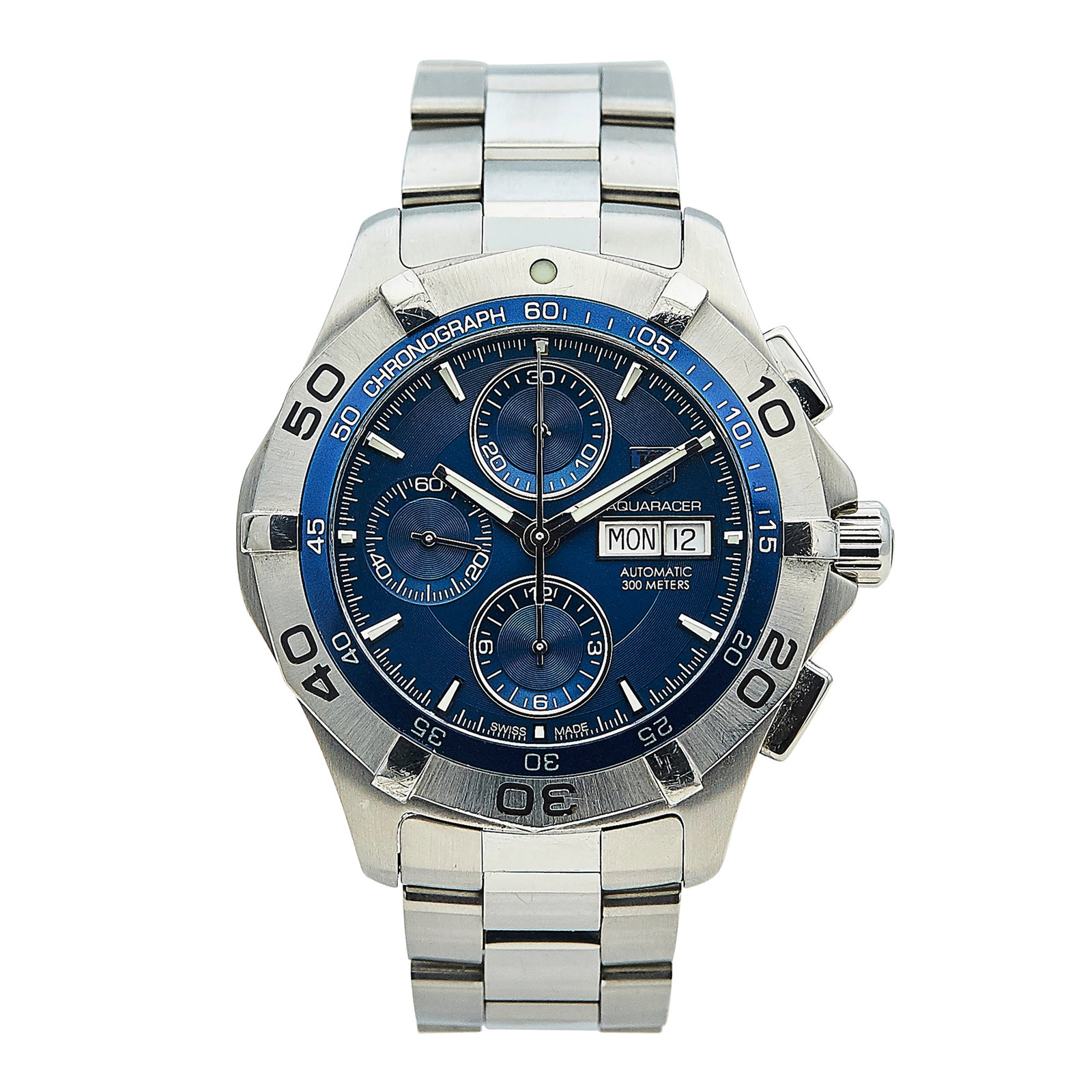 Tag Heuer AquaRacer 300M Stainless Steel Watch Ref. CAF2012, circa 2010: BRAND: Tag Heuer; STYLE: Aqua Racer; REF. #: CAF2012; CONDITION: Pre-owned, Very Good; YEAR: Circa 2010; ADDITIONAL COMMENTS: Scratches throughout watch, Impacts on case and bezel, Fleabite chips to e