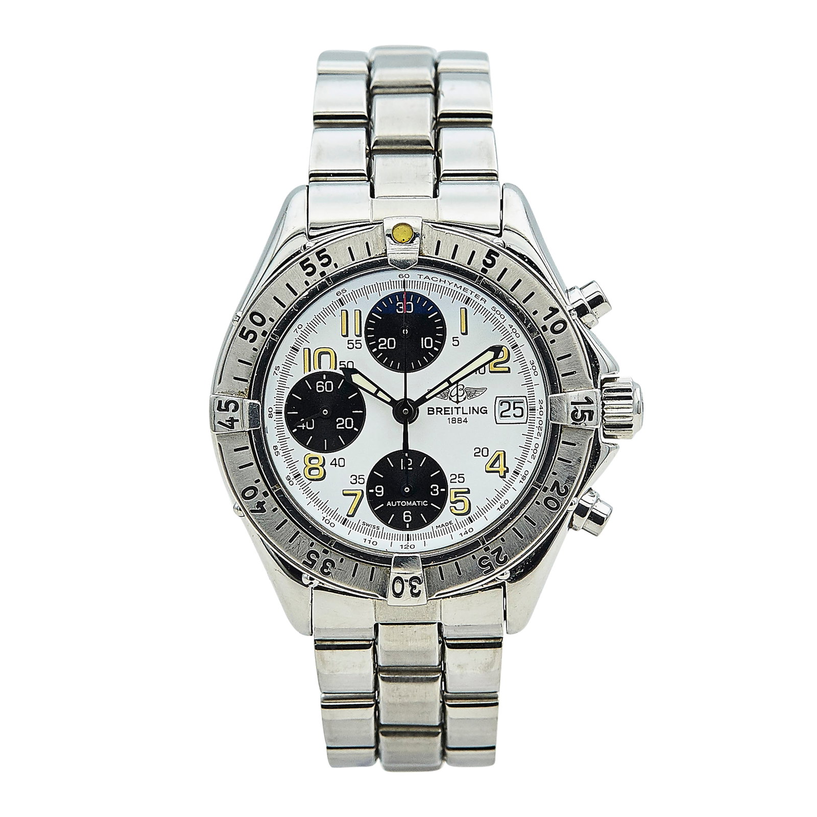 Breitling Colt Chronograph Stainless Steel Watch Ref. A13035, circa 2000: BRAND: Breitling; STYLE: Colt Chronograph; REF. #: A13035; CONDITION: Pre-owned, Good; YEAR: Circa 2000; ADDITIONAL COMMENTS: Scratches throughout watch, Watch clasp is heavily scratched, Safety clasp