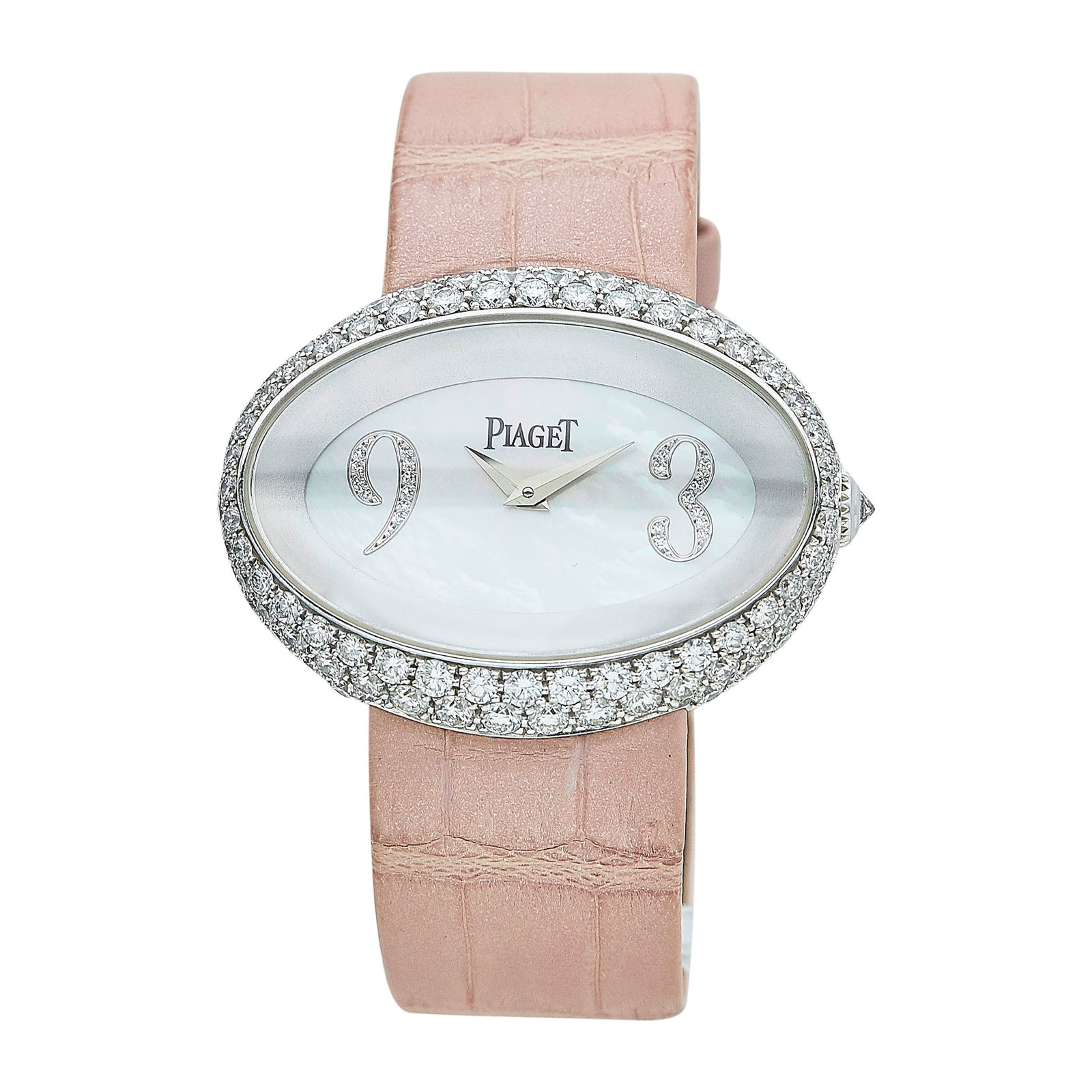 Piaget Limelight 18K White Gold Ladies Dress Watch Ref. P10213, circa 2005: BRAND: Piaget; STYLE: Limelight; REF. #: P10213; CONDITION: Pre-owned, Very Good; YEAR: Circa 2005; ADDITIONAL COMMENTS: Light scratches on watch, Wear to leather strap, 60.3 grams; CASE SIZE (mm): 31