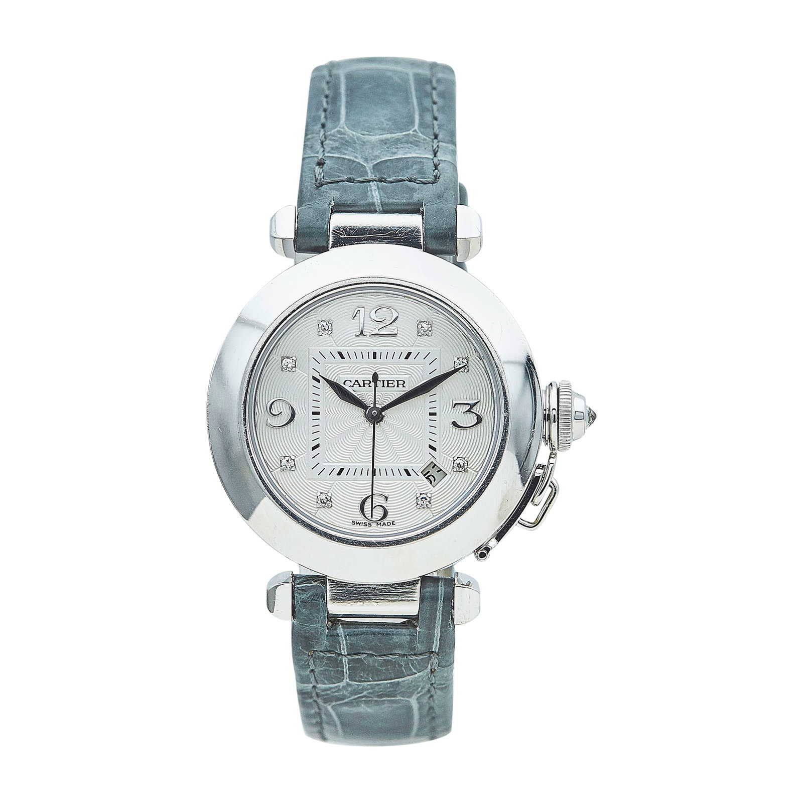 Cartier Pasha 18K White Gold Watch Ref. 2528, 2006: BRAND: Cartier; STYLE: Pasha; REF. #: 2528; CONDITION: Pre-owned, Very Good; YEAR: 2006; ADDITIONAL COMMENTS: Scratches throughout watch, Light wear to leather strap, Accompanied by certificate bookle