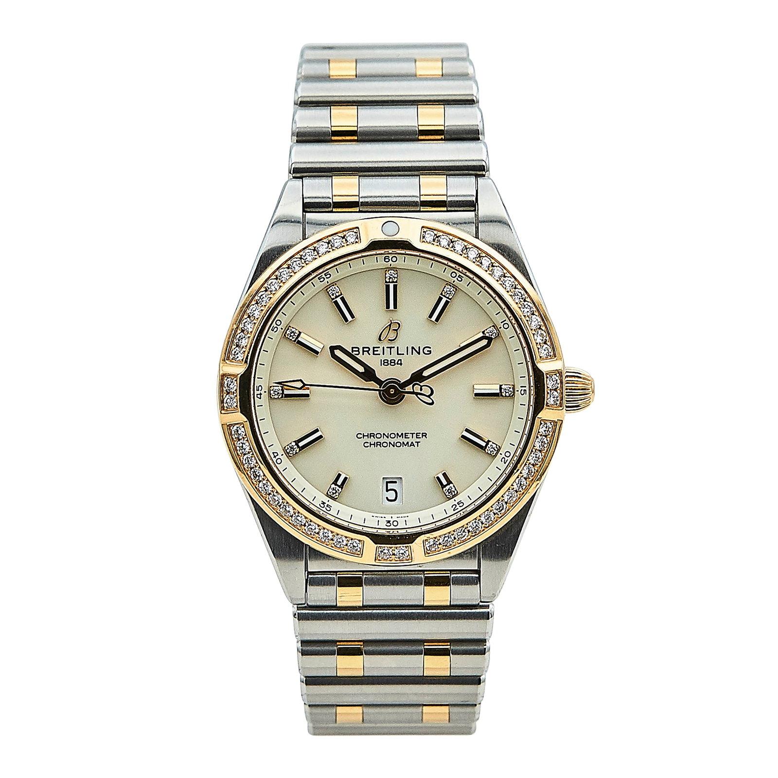 Breitling Chronomat 18K Rose Gold and Stainless Steel Watch Ref. U77310, circa 2022: BRAND: Breitling; STYLE: Chronomat; REF. #: U77310; CONDITION: Pre-owned, Very Good; YEAR: Circa 2022; ADDITIONAL COMMENTS: Scratches throughout watch, Scratch on sapphire crystal between 5 o'clock an