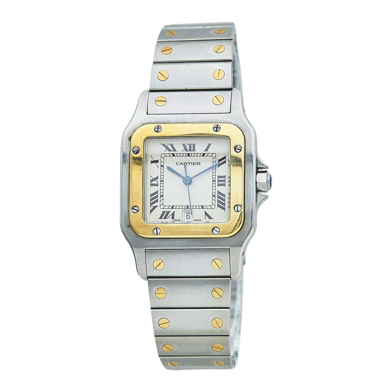 Cartier Santos de Cartier Galbée 18K Yellow Gold/SS Watch Ref. W20011C4, circa 2005: BRAND: Cartier; STYLE: Santos de Cartier Galbée; REF. #: W20011C4; CONDITION: Pre-owned, Very Good; YEAR: Circa 2005; ADDITIONAL COMMENTS: Scratches throughout watch, Resistance when setting-Service 