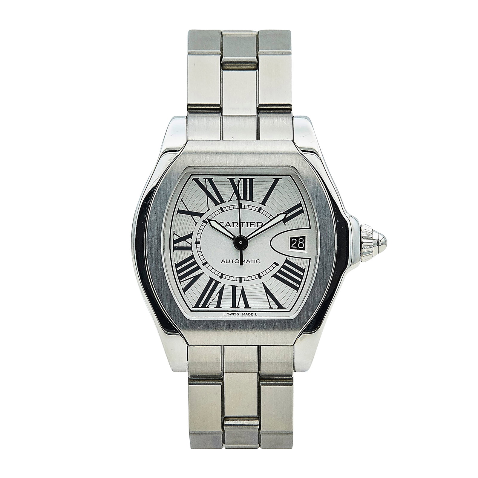 Cartier Roadster Stainless Steel Watch Ref. 3312, circa 2010: BRAND: Cartier; STYLE: Roadster S; REF. #: 3312; CONDITION: Pre-owned, Excellent; YEAR: Circa 2010; ADDITIONAL COMMENTS: Light scratches throughout watch, Case back sticker still intact, Accompanied b