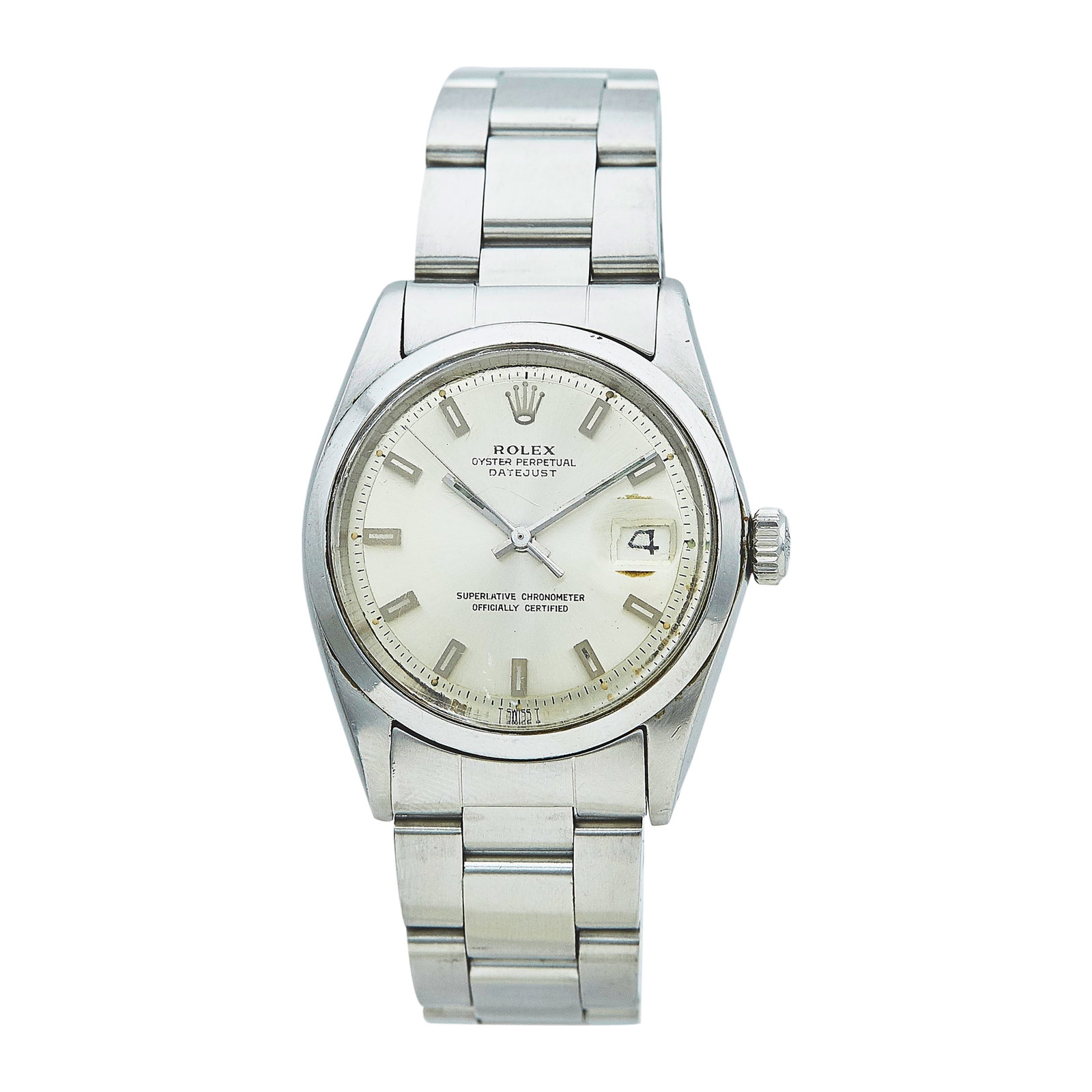 Rolex DateJust 36 Stainless Steel Watch Ref. 1600, circa 1968: BRAND: Rolex; STYLE: DateJust 36; REF. #: 1600; CONDITION: Pre-owned, Good; YEAR: Circa 1968; ADDITIONAL COMMENTS: 1 mil serial, Scratches throughout watch, Scratches on acrylic crystal, Scuffs on cry