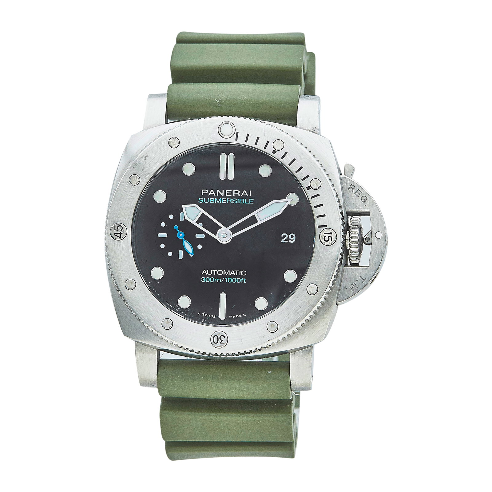 Panerai Submersible Stainless Steel Watch Ref. PAM01229, 2023: BRAND: Panerai; STYLE: Submersible; REF. #: PAM01229; CONDITION: Pre-owned, Very Good; YEAR: 2023; ADDITIONAL COMMENTS: Scratches throughout watch, Hairline scratches on sapphire crystal, Accompanied 