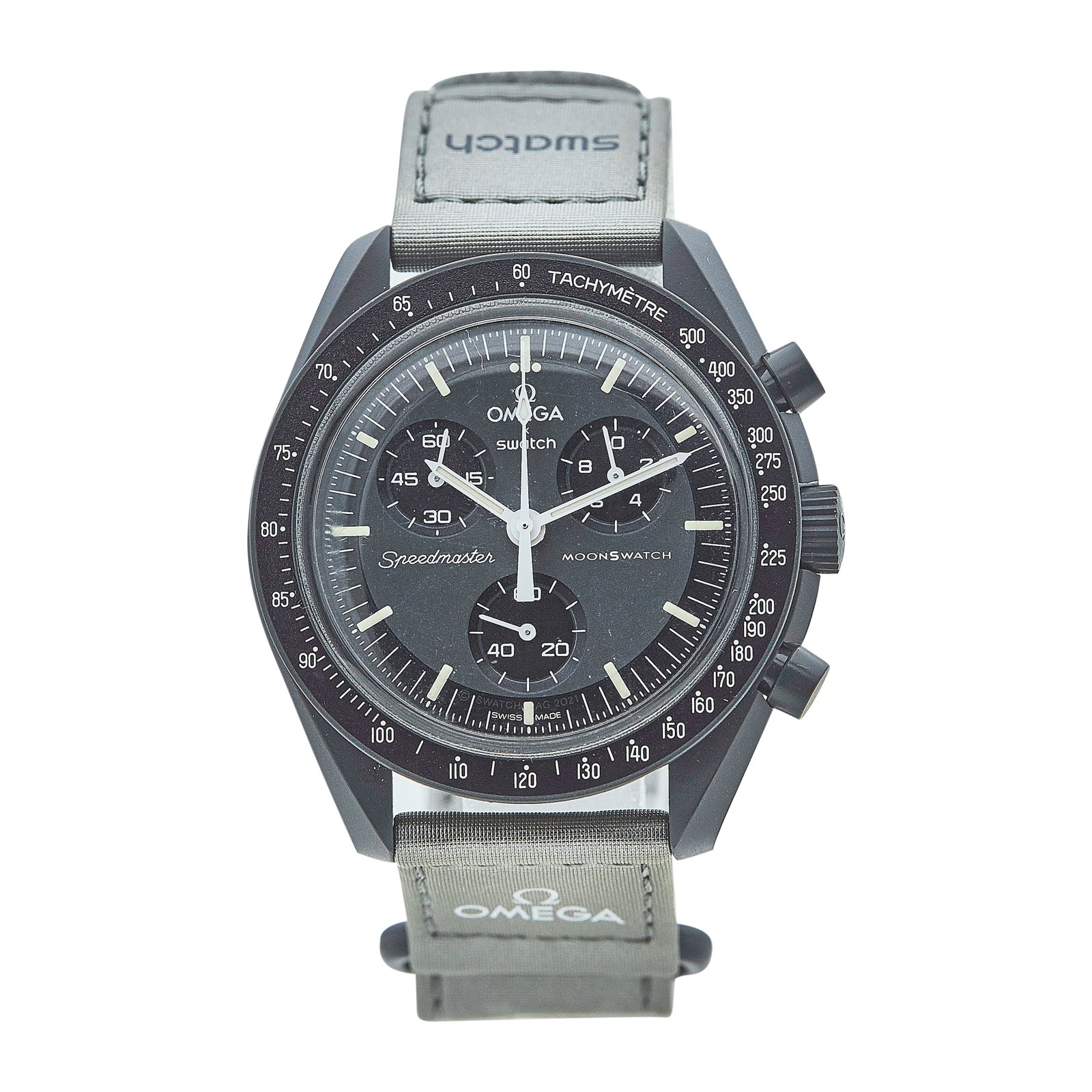 Swatch x Omega Moonswatch Plastic Watch Ref. SO33A100, circa 2024: BRAND: Omega; REF. #: SO33A100; CONDITION: Pre-owned, Very Good; YEAR: Circa 2024; ADDITIONAL COMMENTS: Watch shows signs of wear; CASE SIZE (mm): 42; CASE MATERIAL: Plastic; BRACELET STRAP: Branded S