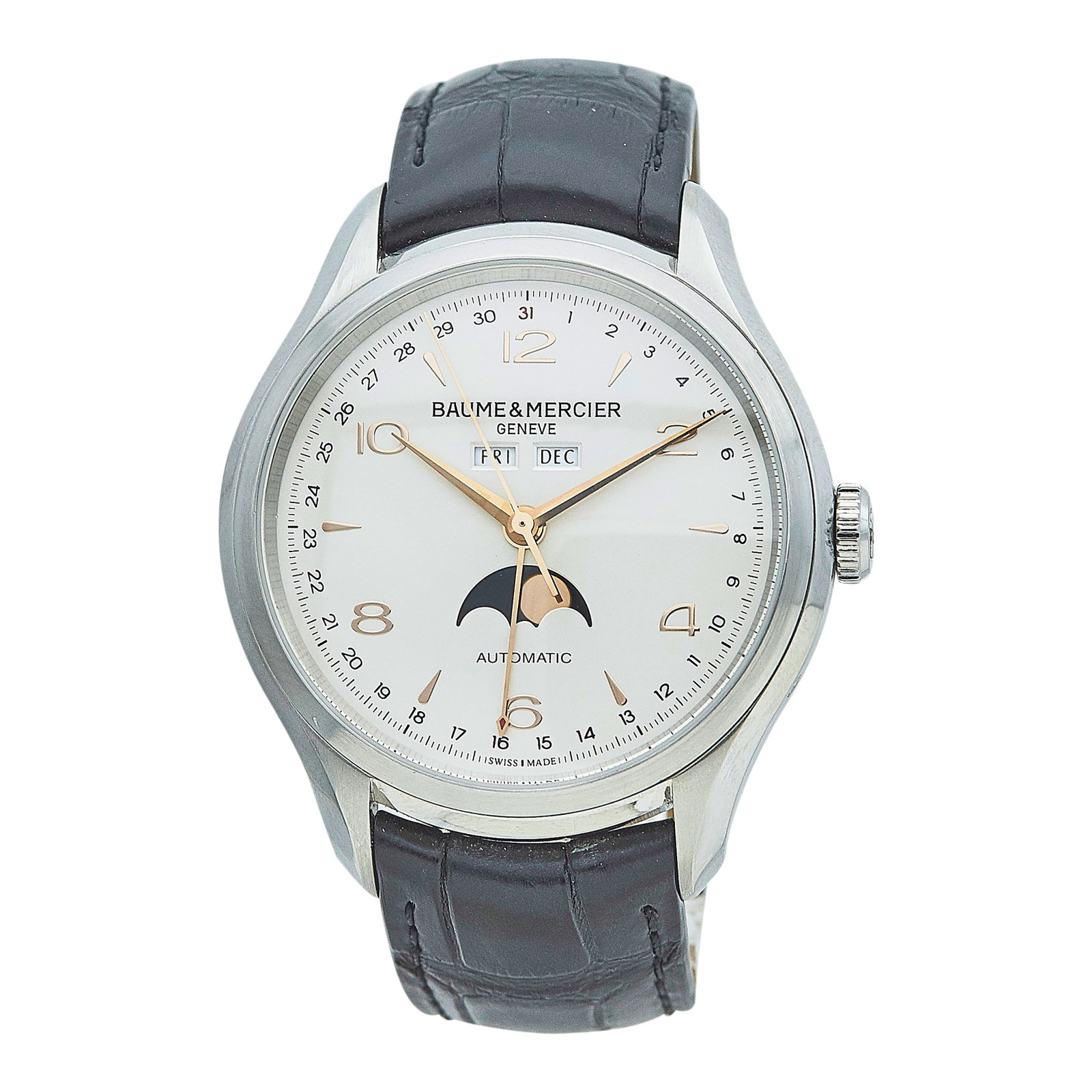 Baume & Mercier Clifton Stainless Steel Watch Ref. 65718, circa 2013: BRAND: Baume & Mercier; STYLE: Clifton; REF. #: 65718; CONDITION: Pre-owned, Excellent; YEAR: Circa 2013; ADDITIONAL COMMENTS: Light scratches throughout watch, Debris under exhibition back crystal; C