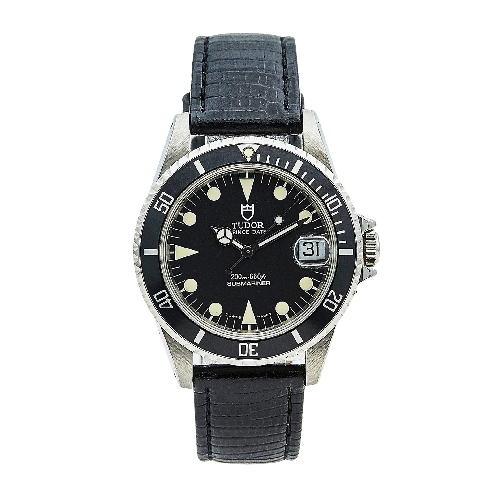 Tudor Submariner Stainless Steel Watch Ref. T75190, 2001: BRAND: Tudor; STYLE: Submariner; REF. #: T75190; CONDITION: Pre-owned, Very Good; YEAR: 2001; ADDITIONAL COMMENTS: Scratches throughout watch, Light wear to leather strap, Resistance when winding and 