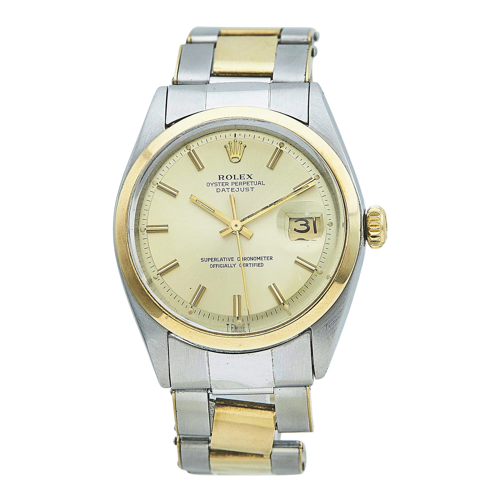 Rolex DateJust 36 18K Yellow Gold and Stainless Steel Watch Ref. 1600, circa 1969: BRAND: Rolex; STYLE: DateJust 36; REF. #: 1600; CONDITION: Pre-owned, Good; YEAR: Circa 1969; ADDITIONAL COMMENTS: 2 mil serial, Scratches throughout watch, Bracelet links loose and could require repl