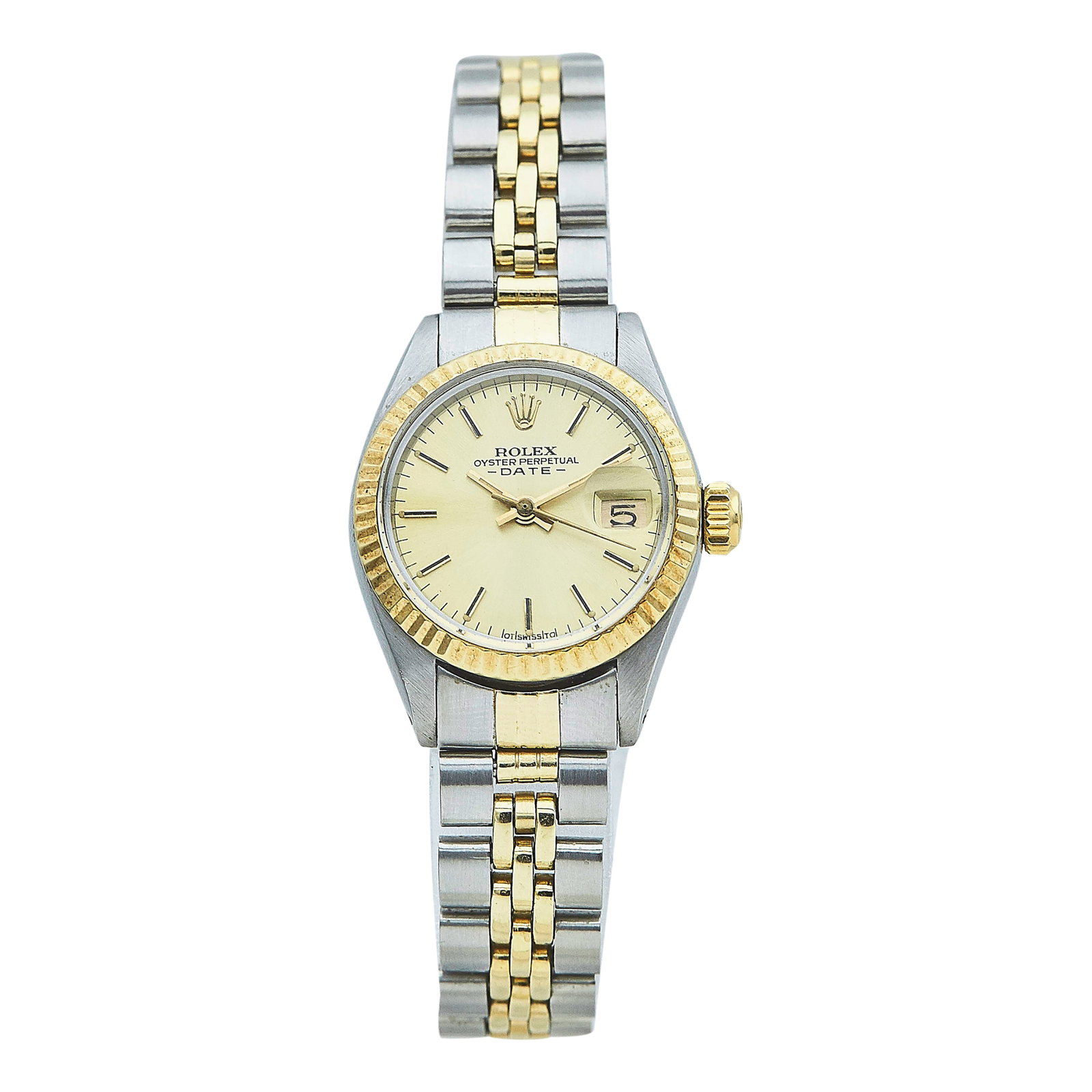 Rolex Date 14K Yellow Gold/SS Watch Ref. 6917, circa 1975: BRAND: Rolex; STYLE: Date; REF. #: 6917; CONDITION: Pre-owned, Good; YEAR: Circa 1975; ADDITIONAL COMMENTS: 4.0 mil serial, Scratches throughout watch, Light scratches throughout acrylic crystal, Brac
