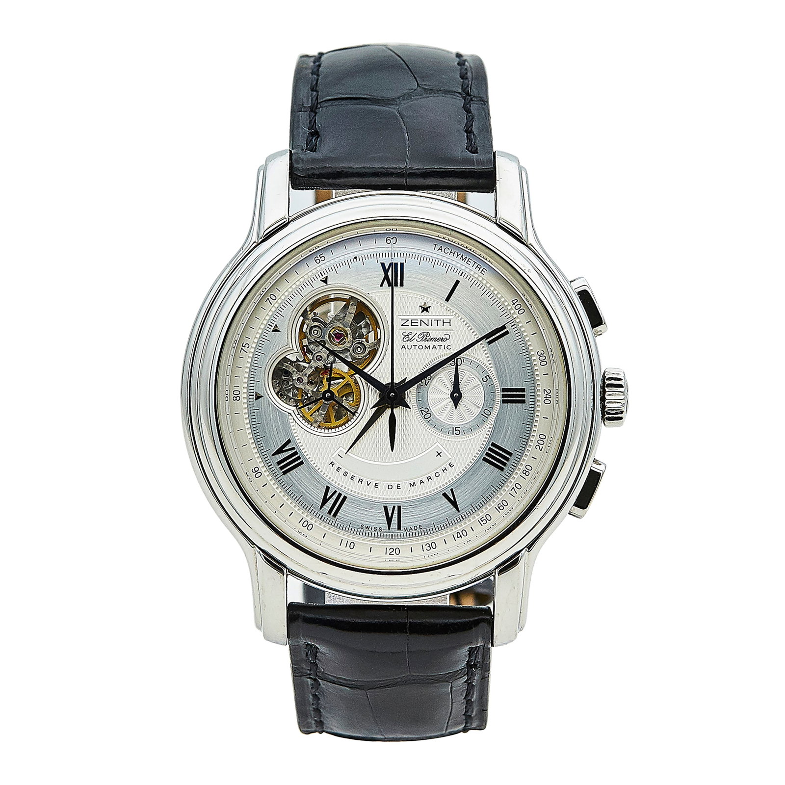 Zenith El Primero Chronomaster Stainless Steel Watch Ref. 03.1260.4021/21050S, 2004: BRAND: Zenith; STYLE: El Primero; REF. #: 03.1260.4021/21050S; CONDITION: Pre-owned, Very Good; YEAR: 2004; ADDITIONAL COMMENTS: Scratches throughout watch, Impacts on bezel, Wear to interior of leath