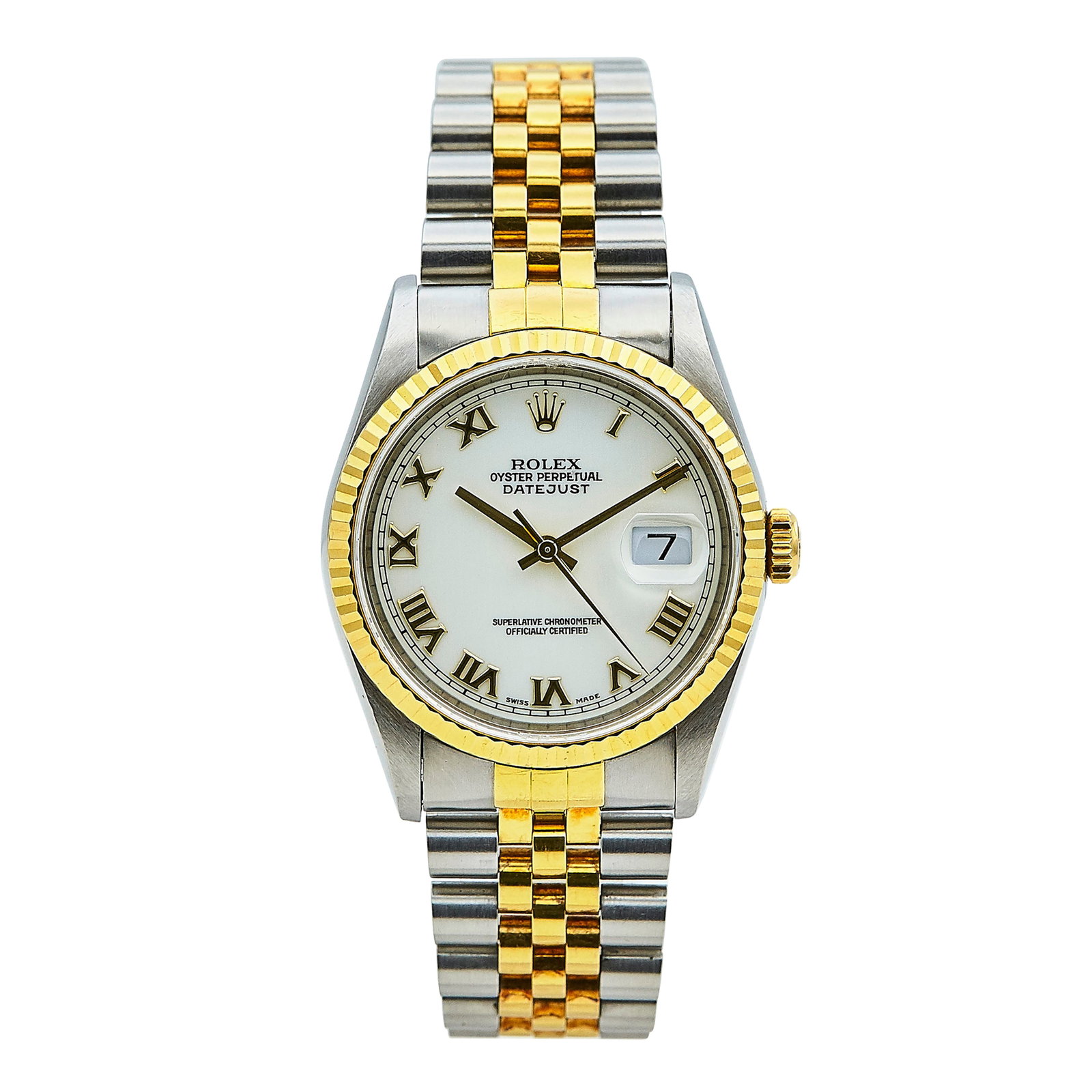 Rolex Datejust 18K Yellow Gold and Stainless Steel Watch Ref. 16233, circa 1996: BRAND: Rolex; STYLE: Datejust; REF. #: 16233; CONDITION: Pre-owned, Very Good; YEAR: Circa 1996; ADDITIONAL COMMENTS: T serial, Scratches throughout watch, Chips on edge of sapphire crystal, Small scr