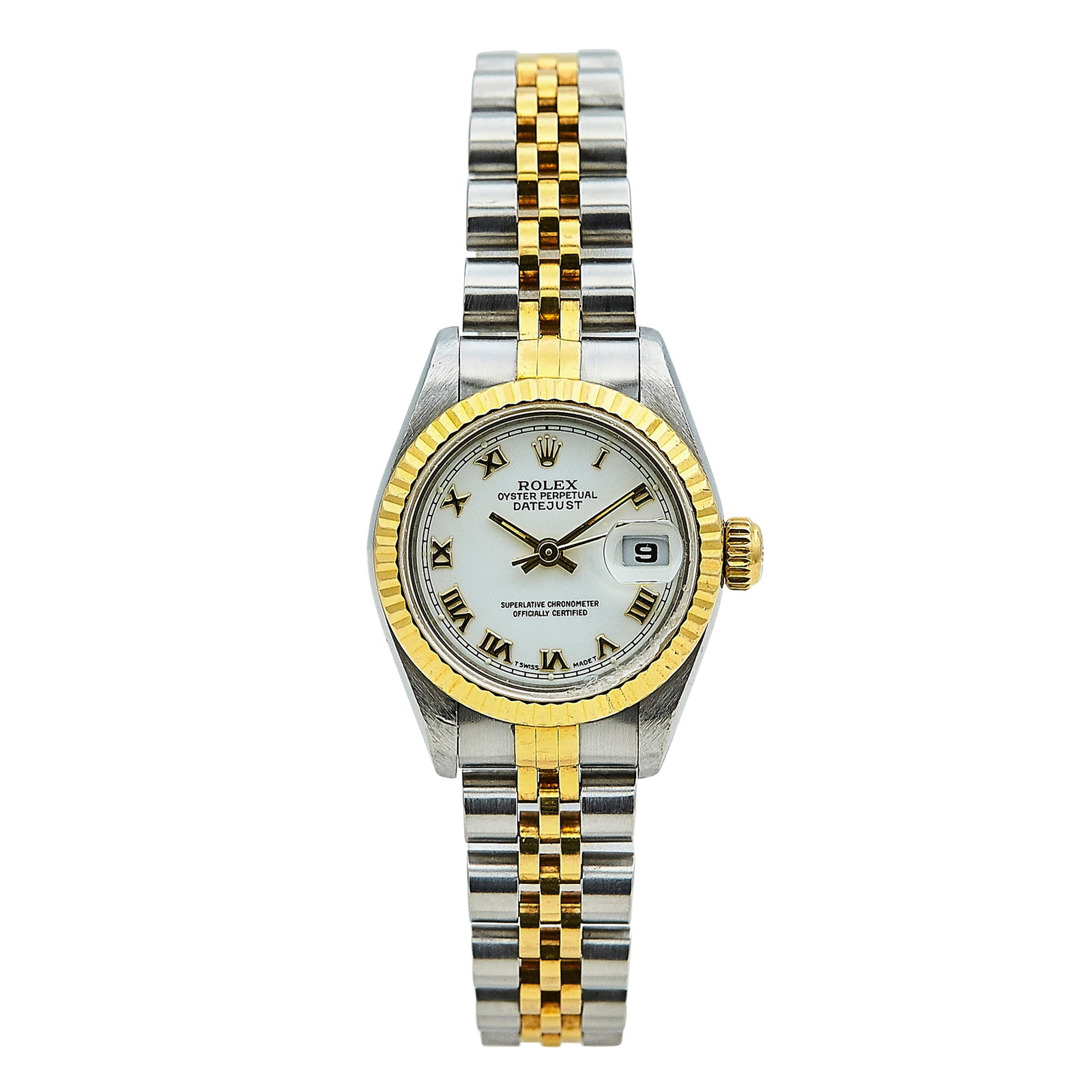 Rolex Datejust Stainless Steel Watch Ref. 69173, circa 1995: BRAND: Rolex; STYLE: Datejust; REF. #: 69173; CONDITION: Pre-owned, Very Good; YEAR: Circa 1995; ADDITIONAL COMMENTS: W serial, Quickset, Scratches throughout watch, Bottom right edge of sapphire crys