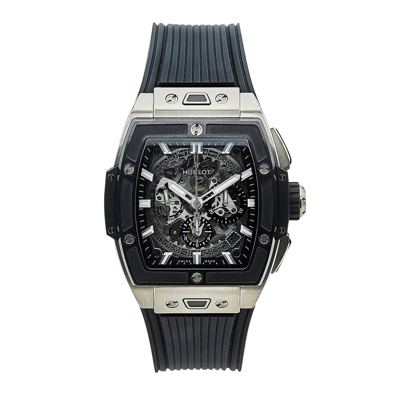 Hublot Spirit of Big Bang Titanium Watch Ref. 641.NX.7170.LR, circa 2019: BRAND: Hublot; STYLE: Spirit of Big Bang; REF. #: 641.NX.7170.LR; CONDITION: Pre-owned, Very Good; YEAR: Circa 2019; CASE SIZE (mm): 51 x 42; CASE MATERIAL: Titanium; BRACELET STRAP: Branded Rubber St