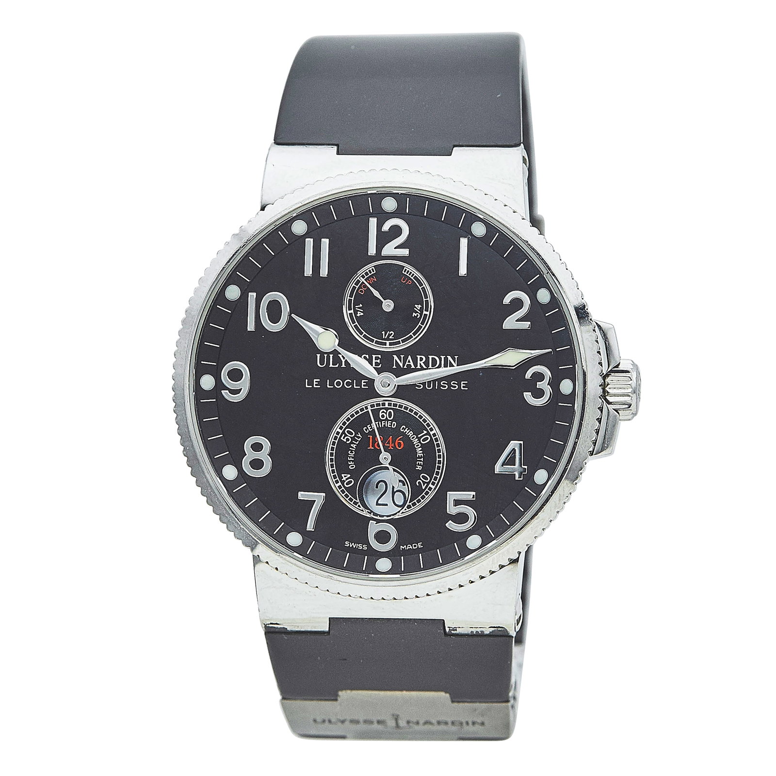 Ulysse Nardin Marine Chronometer Stainless Steel Watch Ref. 263-66, circa 2011: BRAND: Ulysse Nardin; STYLE: Marine Chronometer; REF. #: 263-66; CONDITION: Pre-owned, Very Good; YEAR: Circa 2011; ADDITIONAL COMMENTS: Scratches throughout watch; CASE SIZE (mm): 41; CASE MATERIAL: 