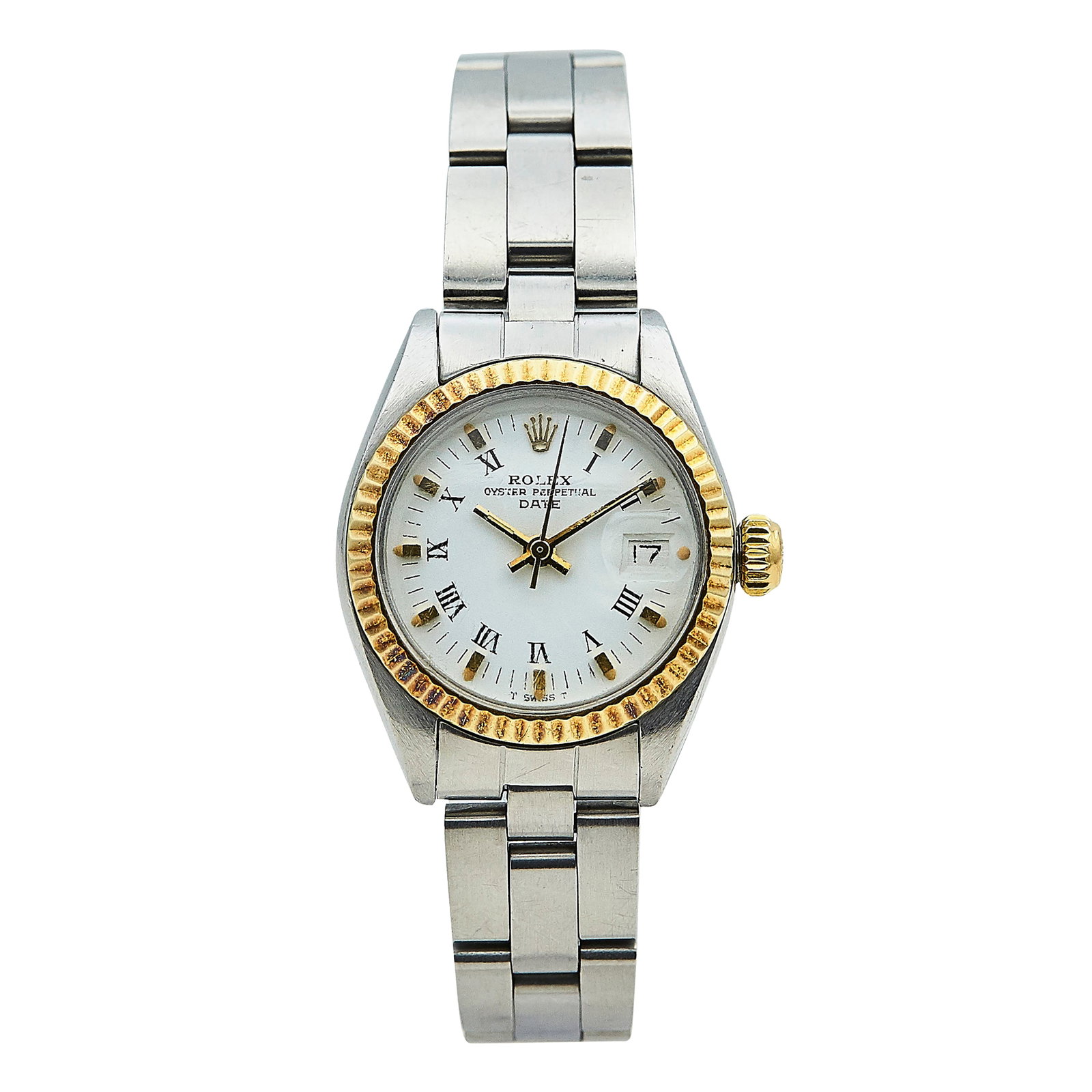 Rolex Oyster Perpetual Date 18K Yellow Gold and Stainless Steel Watch Ref. 6917, circa 1976: BRAND: Rolex; STYLE: Oyster Perpetual Date; REF. #: 6917; CONDITION: Pre-owned, Good; YEAR: Circa 1976; ADDITIONAL COMMENTS: 4 mil serial, Scratches throughout watch, Scratches on face of acrylic crys