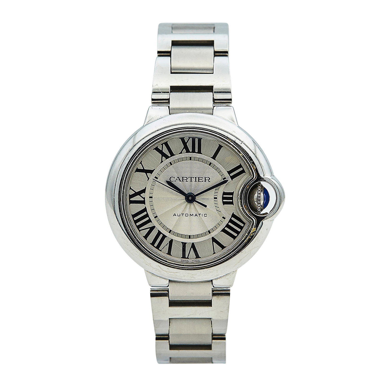 Cartier Ballon Bleu Stainless Steel Watch Ref. 3489, circa 2017: BRAND: Cartier; STYLE: Ballon Bleu; REF. #: 3489; CONDITION: Pre-owned, Good; YEAR: Circa 2017; ADDITIONAL COMMENTS: Scratches throughout watch, Impacts on case, Case back sticker still intact, Accomp