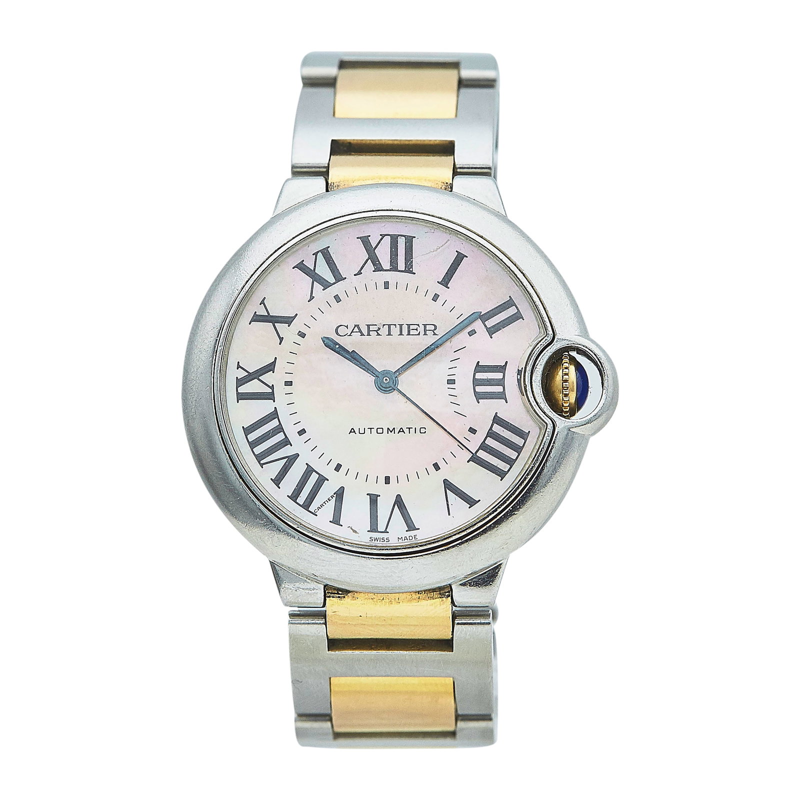 Cartier Ballon Bleu 18K Rose Gold and Stainless Steel Watch Ref. 3284, circa 2015: BRAND: Cartier; STYLE: Ballon Bleu; REF. #: 3284; CONDITION: Pre-owned, Very Good; YEAR: Circa 2015; ADDITIONAL COMMENTS: Scratches throughout watch, Chips on face of sapphire crystal, Scratch on crys