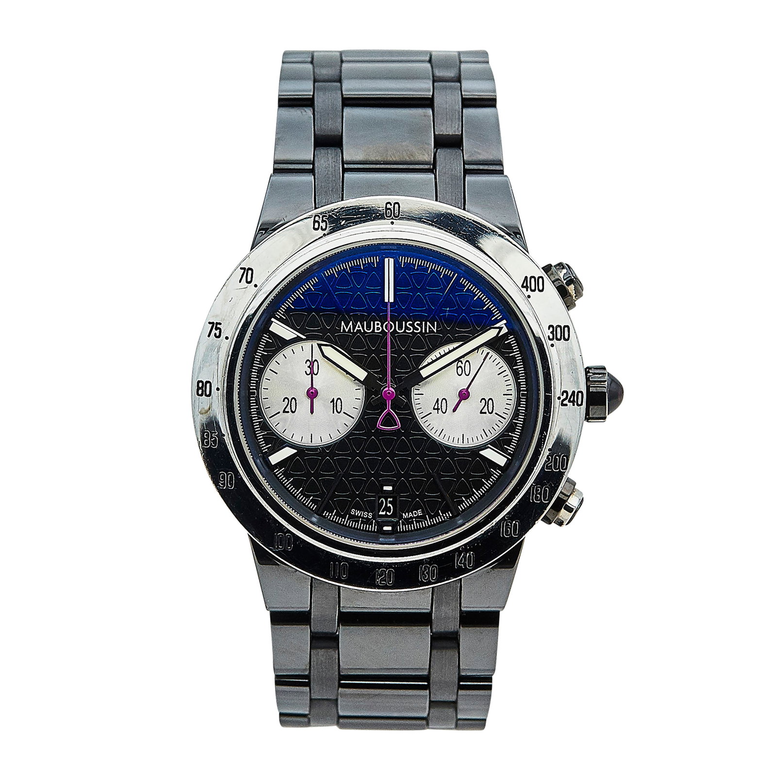 Mauboussin Life For Ever Stainless Steel Watch Ref. 909-1792-S, circa 2015: BRAND: Mauboussin; REF. #: 909-1792-S; CONDITION: Pre-owned, Very Good; YEAR: Circa 2015; ADDITIONAL COMMENTS: Scratches throughout watch, Chip on ceramic bracelet, Rubbed coating on buttons, Light sc