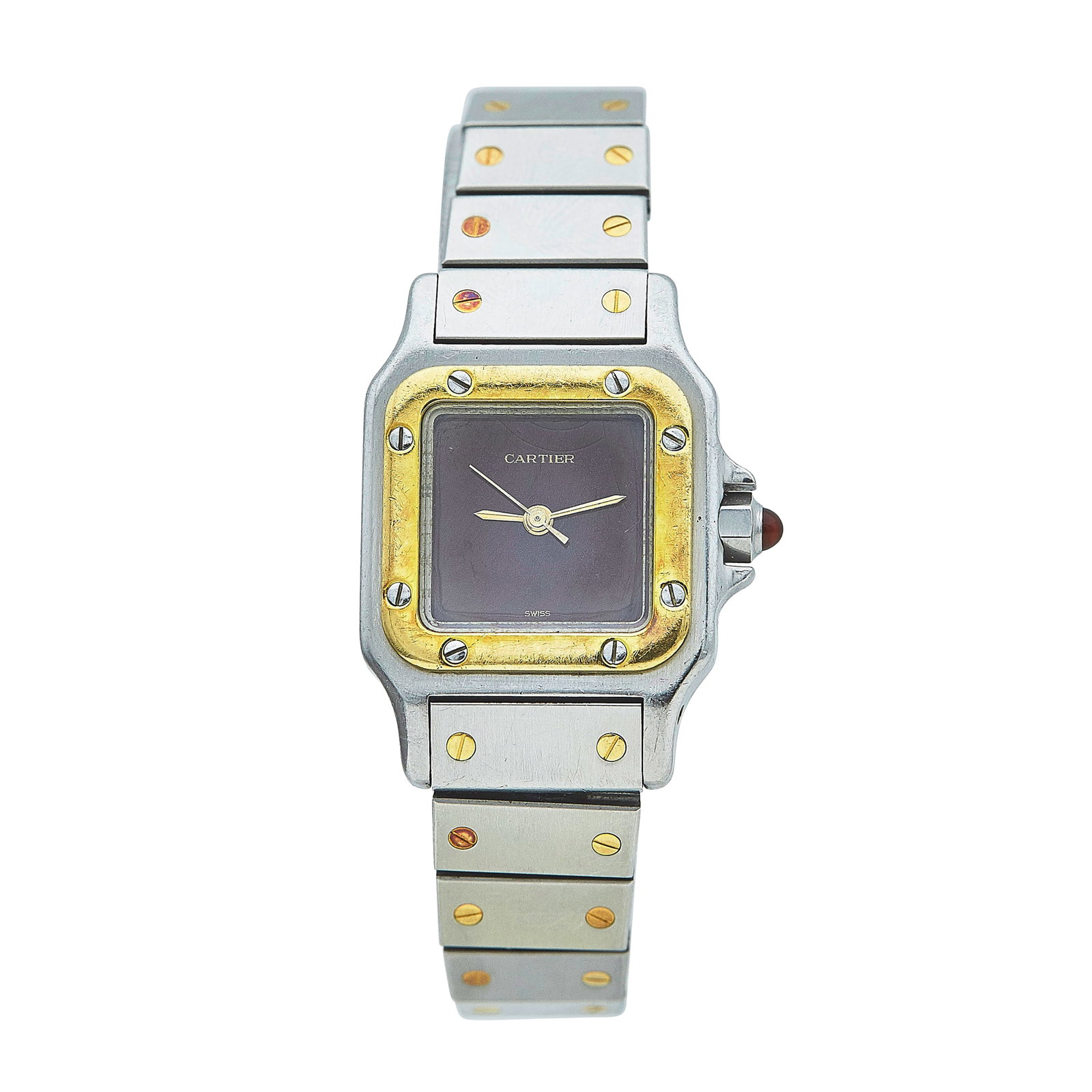 Cartier Santos Galbee 18K Yellow Gold and Stainless Steel Watch Ref. 0902, circa 1990: BRAND: Cartier; STYLE: Santos; REF. #: 0902; CONDITION: Pre-owned, Fair; YEAR: Circa 1990; ADDITIONAL COMMENTS: Scratches throughout watch, Scratches on face of sapphire crystal, Discoloration of seve