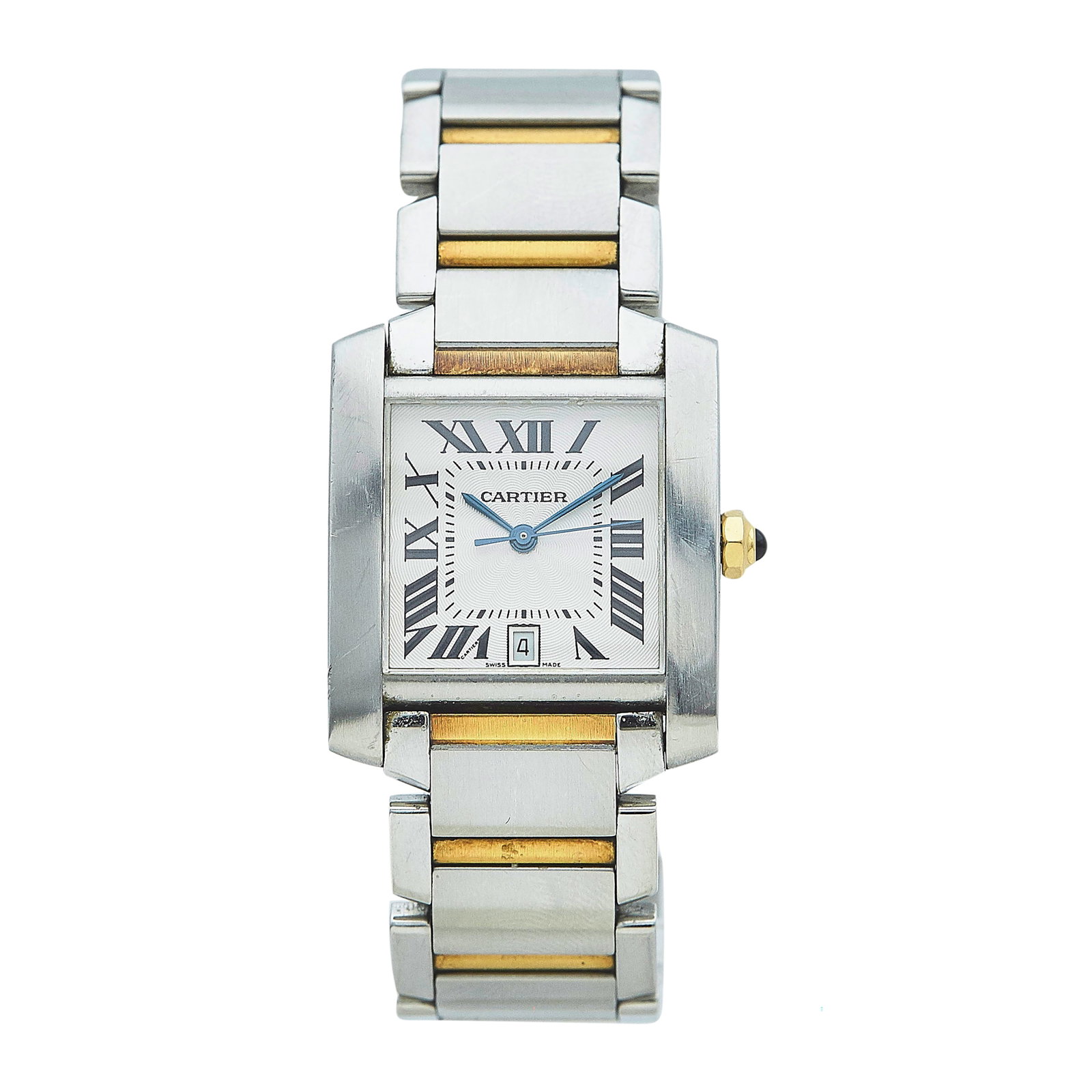 Cartier Tank Francaise 18K Yellow Gold and Stainless Steel Watch Ref. 2302, circa 2010: BRAND: Cartier; STYLE: Tank Francaise; REF. #: 2302; CONDITION: Pre-owned, Good; YEAR: Circa 2010; ADDITIONAL COMMENTS: Scratches throughout watch, Discoloration on some gold links, Impacts on case, C