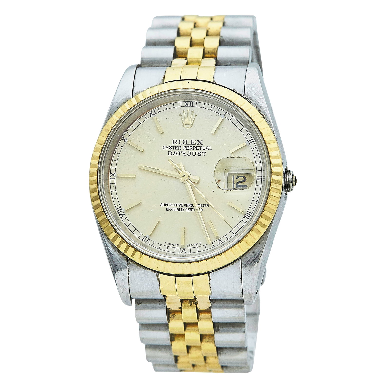 Rolex DateJust 36 18K Yellow Gold and Stainless Steel Watch Ref. 16233, circa 1990: BRAND: Rolex; STYLE: DateJust 36; REF. #: 16233; CONDITION: Pre-owned, Fair; YEAR: Circa 1990; ADDITIONAL COMMENTS: E serial, Debris on dial, Scratches and impacts throughout watch, Light chips on edg