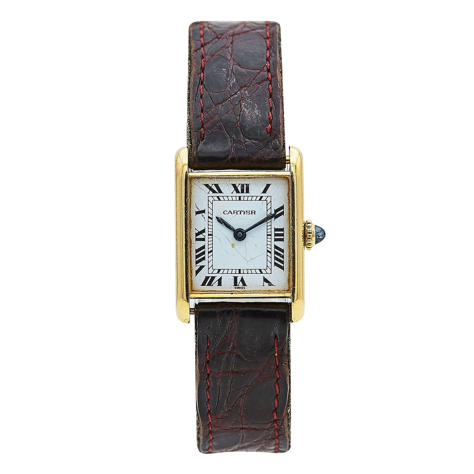 Cartier Tank Louis 18K Yellow Gold Watch Ref. 67117, circa 1970: BRAND: Cartier; STYLE: Tank; REF. #: 67117; CONDITION: Pre-owned, Fair; YEAR: Circa 1970; ADDITIONAL COMMENTS: Scratches throughout watch, Crazing of dial, Staining and discoloration of dial, Scratche