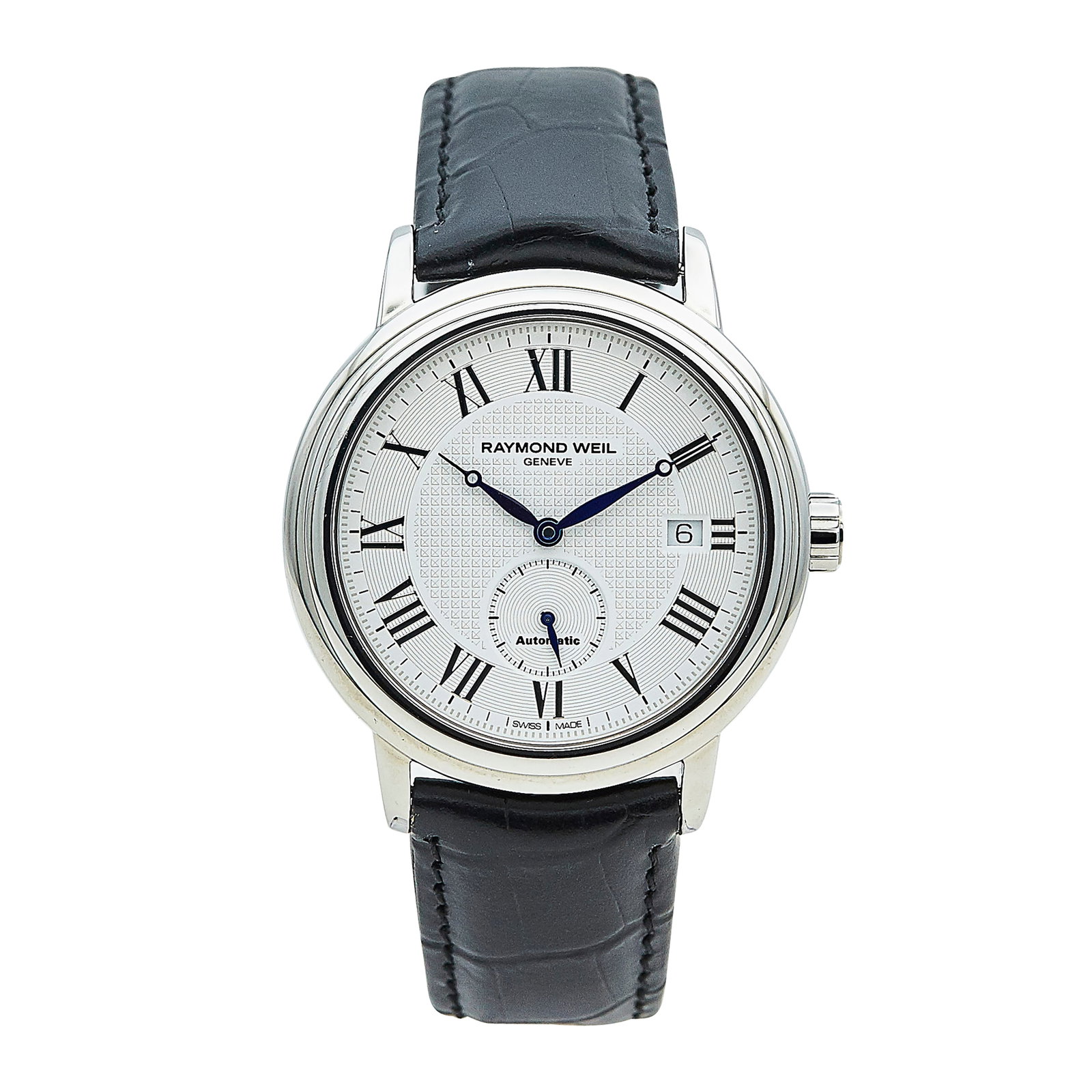 Raymond Weil Maestro Stainless Steel Watch Ref. 2838, circa 2015: BRAND: Raymond Weil; REF. #: 2838; CONDITION: Pre-owned, Very Good; YEAR: Circa 2015; ADDITIONAL COMMENTS: Scratches throughout watch; CASE SIZE (mm): 39; CASE MATERIAL: Stainless Steel; BRACELET STRA