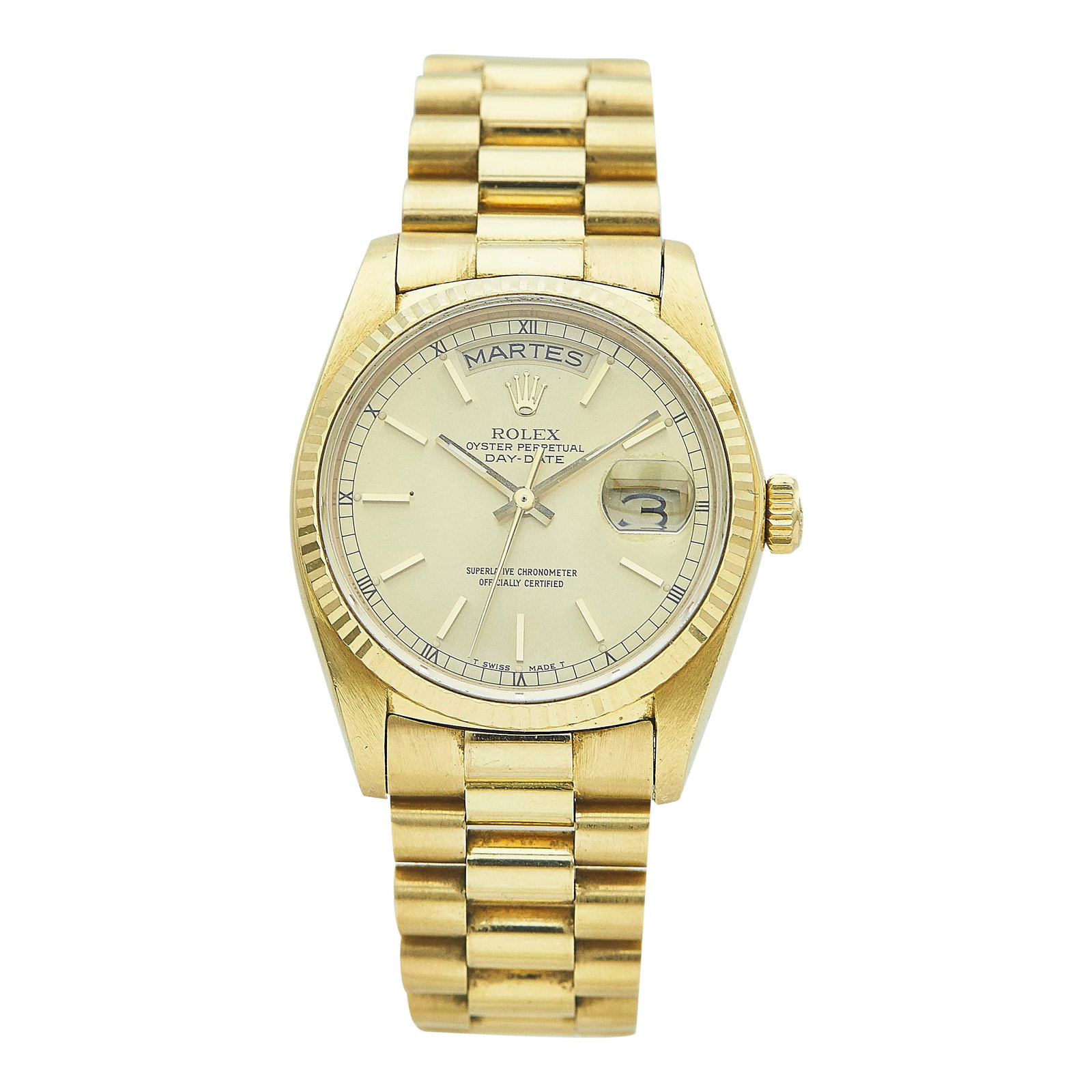 Rolex Day-Date 18K Yellow Gold Watch Ref. 18038, circa 1978: BRAND: Rolex; STYLE: Day-Date; REF. #: 18038; CONDITION: Pre-owned, Very Good; YEAR: Circa 1978; ADDITIONAL COMMENTS: 5 mil serial, Scratches throughout watch, Chip on edge of sapphire crystal at 2 o'