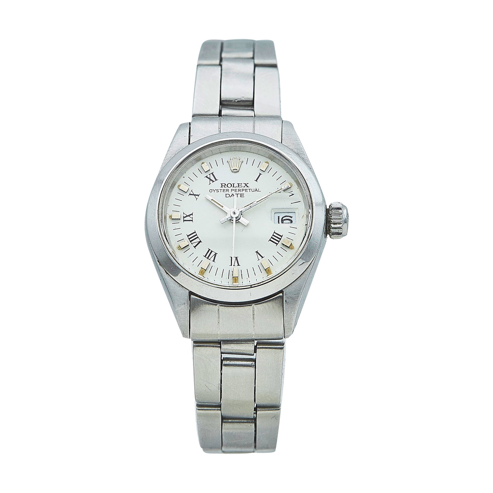 Rolex Date Stainless Steel Watch Ref. 6916, circa 1972: BRAND: Rolex; STYLE: Date; REF. #: 6916; CONDITION: Pre-owned, Good; YEAR: Circa 1972; ADDITIONAL COMMENTS: 3 mil serial, Scratches throughout watch, Debris under crystal on dial, Scratches on acrylic