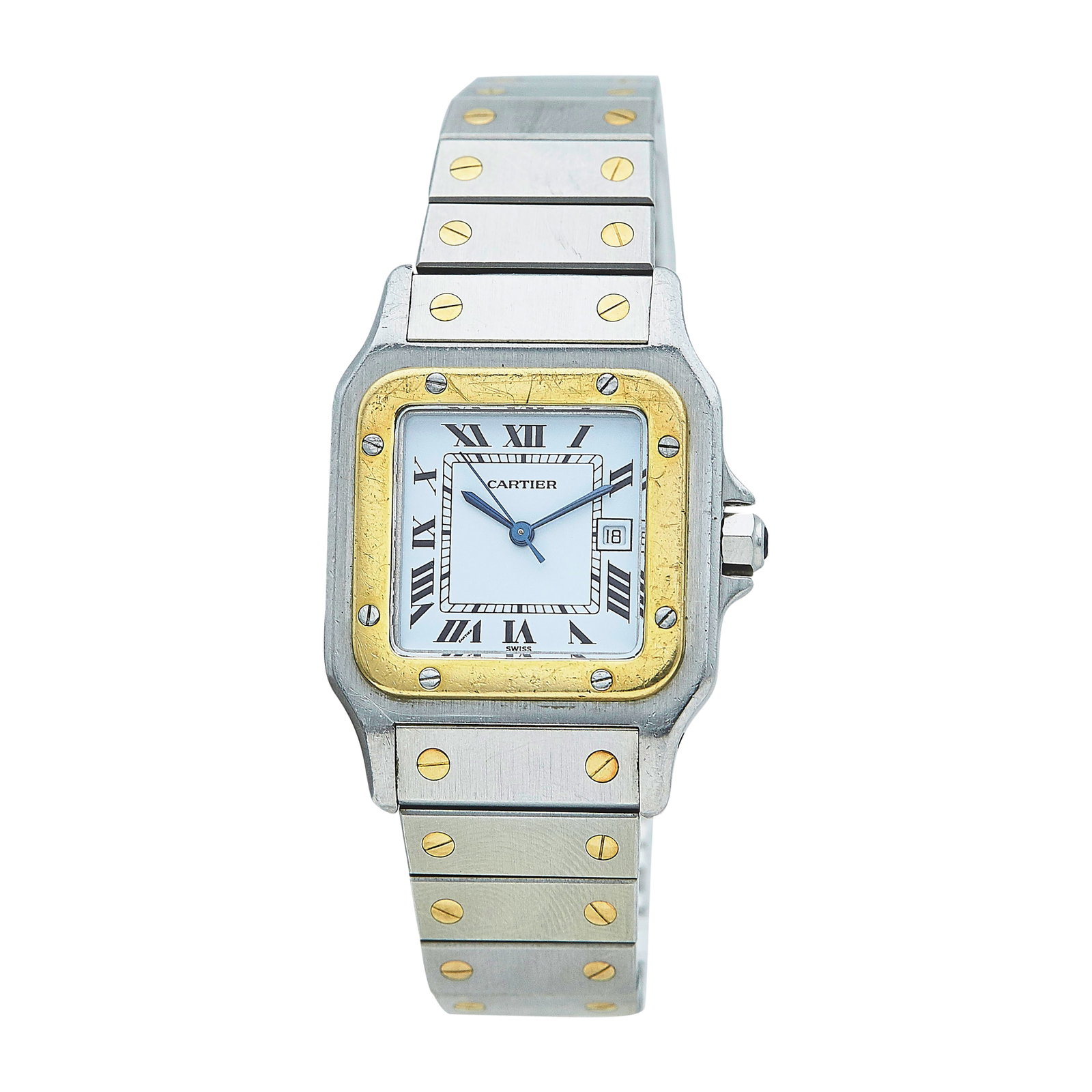 Cartier Santos Carree 18K Yellow Gold and Stainless Steel Watch Ref. 2961, circa 1990: BRAND: Cartier; STYLE: Santos Galbee; REF. #: 2961; CONDITION: Pre-owned, Good; YEAR: Circa 1990; ADDITIONAL COMMENTS: Scratches throughout watch, Impacts on case, Scratches and chips on face of sapph