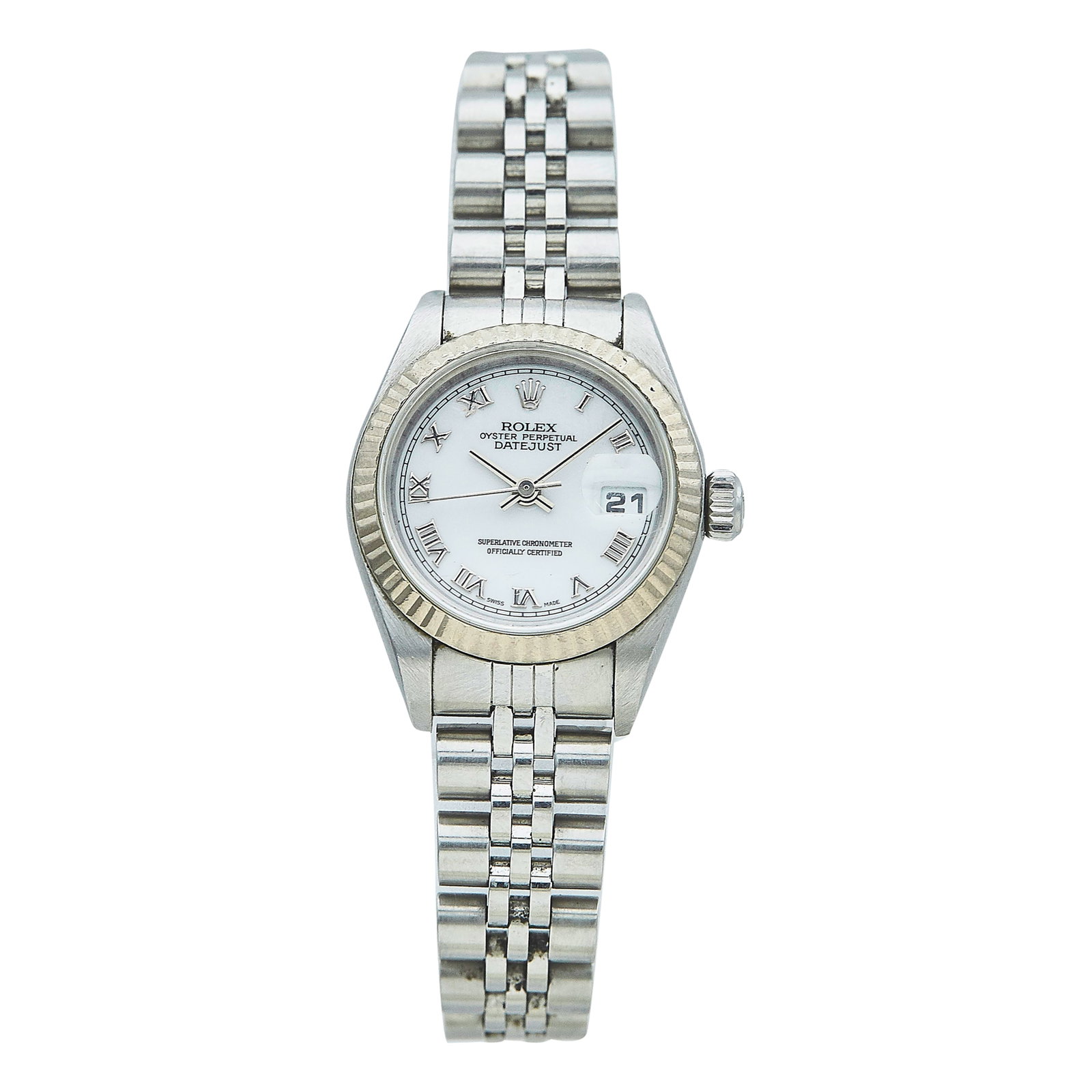 Rolex Lady-Datejust Stainless Steel Watch Ref. 79174, 2003: BRAND: Rolex; STYLE: Datejust; REF. #: 79174; CONDITION: Pre-owned, Very Good; YEAR: 2003; ADDITIONAL COMMENTS: Y Serial, Scratches throughout watch, Chips on edges of crystal, Bracelet with heavy str