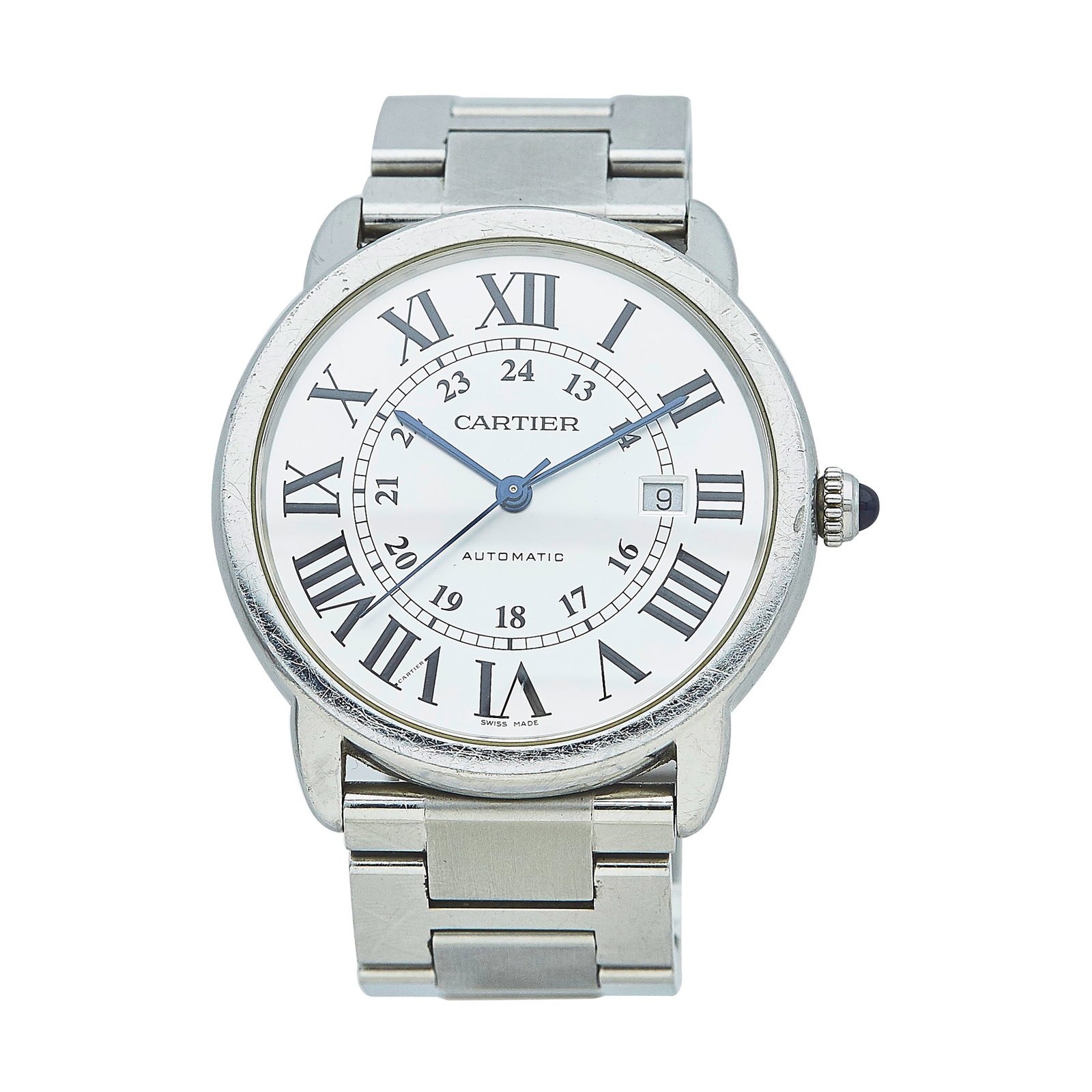 Cartier Ronde Solo de Cartier Stainless Steel Watch Ref. 3802, 2020: BRAND: Cartier; STYLE: Ronde Solo; REF. #: 3802; CONDITION: Pre-owned, Good; YEAR: 2020; ADDITIONAL COMMENTS: Scratches throughout watch, Impacts on bezel, Light scratches on face of sapphire crystal,