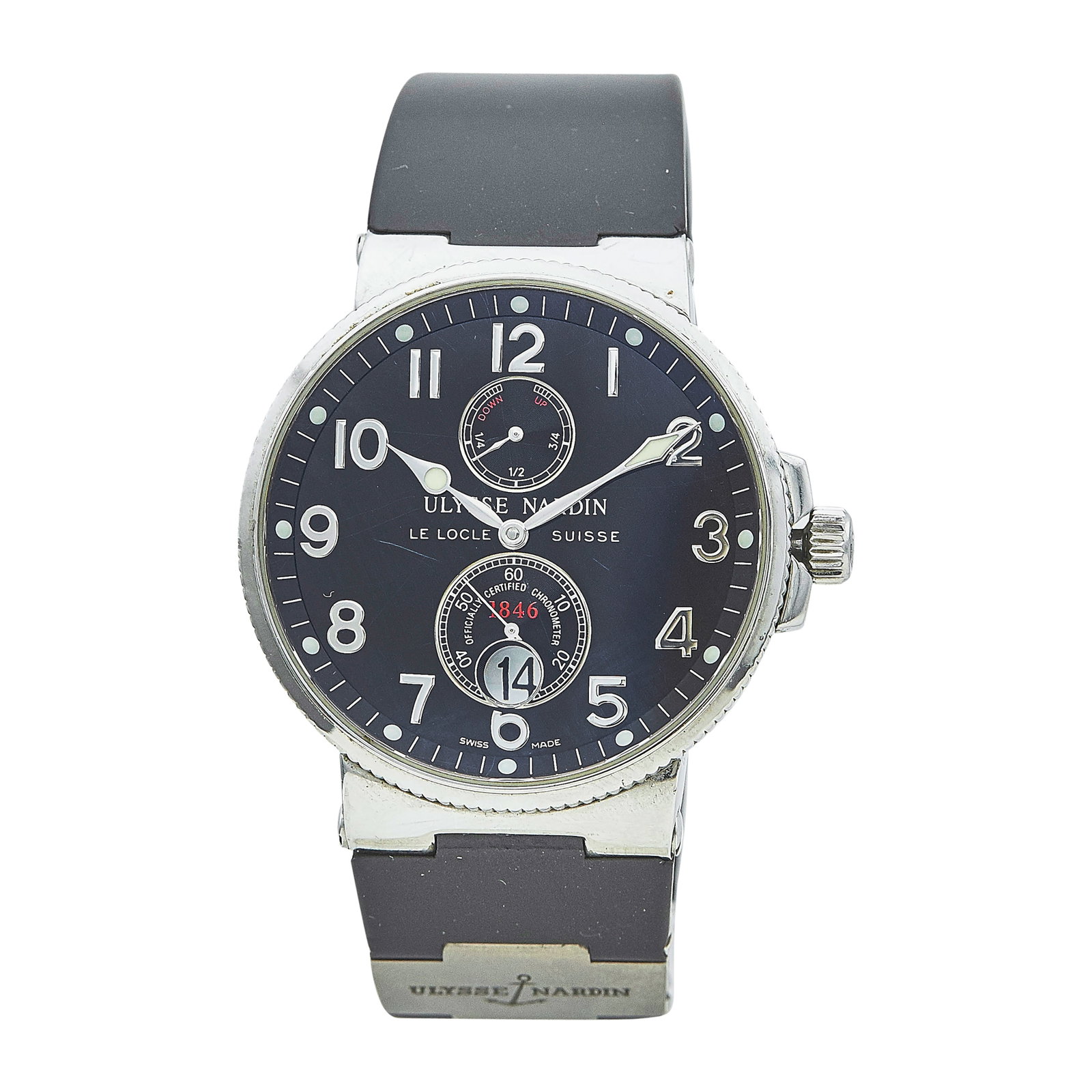 Ulysse Nardin Marine Chronometer Stainless Steel Watch Ref. 263-66, circa 2011: BRAND: Ulysse Nardin; STYLE: Marine Chronometer; REF. #: 263-66; CONDITION: Pre-owned, Very Good; YEAR: Circa 2011; ADDITIONAL COMMENTS: Scratches throughout watch, Light scratches and abrasions to fa