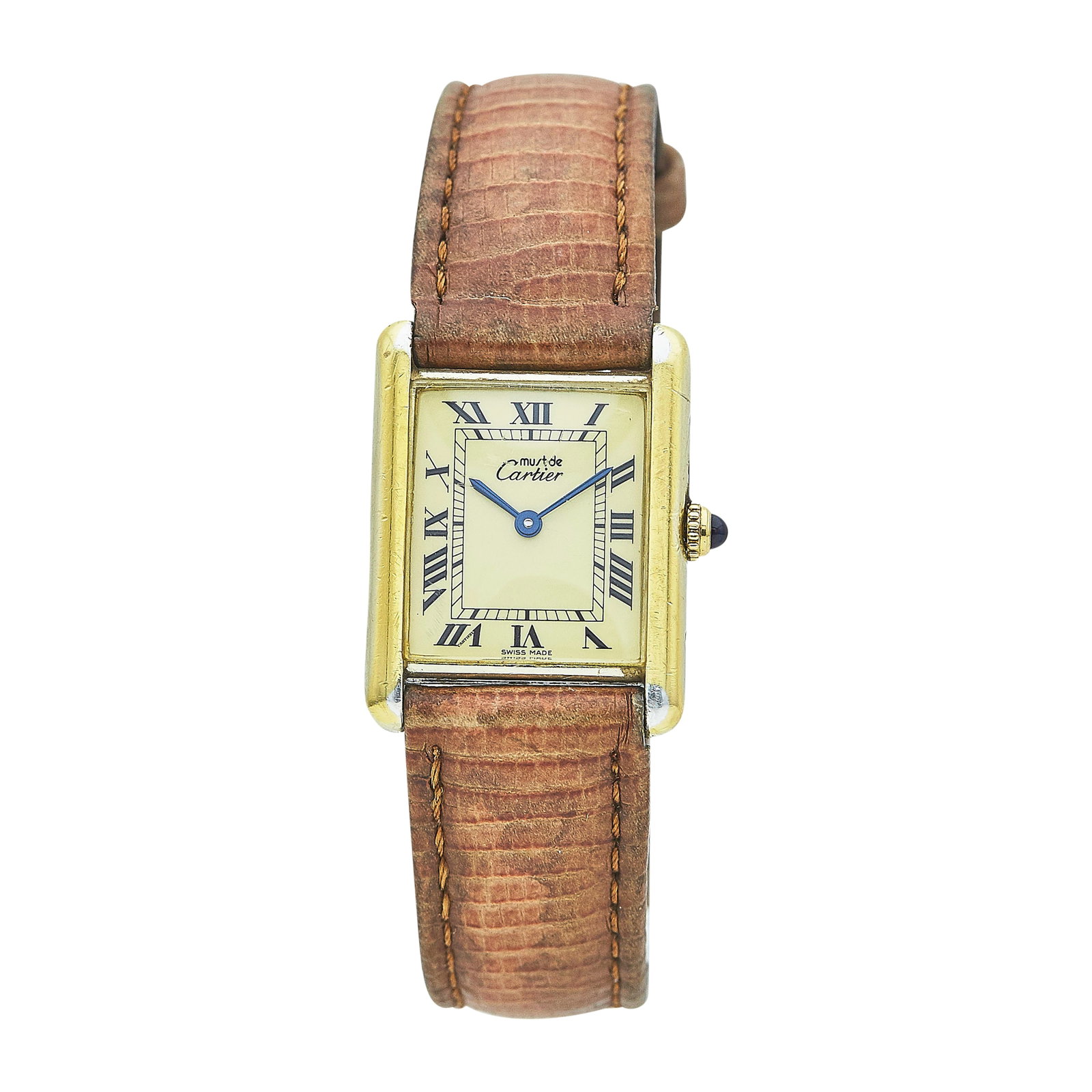 Cartier Tank Vermeil Watch Ref. 681006, circa 1995: BRAND: Cartier; STYLE: Tank; REF. #: 681006; CONDITION: Pre-owned, Good; YEAR: Circa 1995; ADDITIONAL COMMENTS: Scratches throughout watch, Gold-plating rubbing off around corners of case, Buckle is n