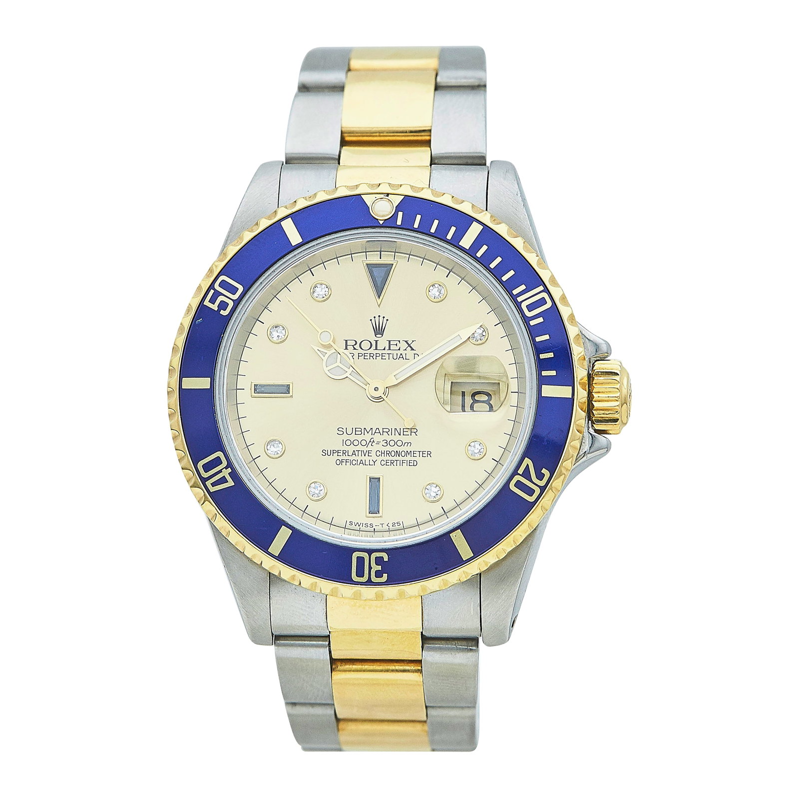 Rolex Submariner 18K Yellow Gold/SS Watch Ref. 16613, 1999: BRAND: Rolex; STYLE: Submariner; REF. #: 16613; CONDITION: Pre-owned, Good; YEAR: 1999; ADDITIONAL COMMENTS: T serial, Scratches throughout watch, Light damage to bezel near 50 marker, Bezel difficult
