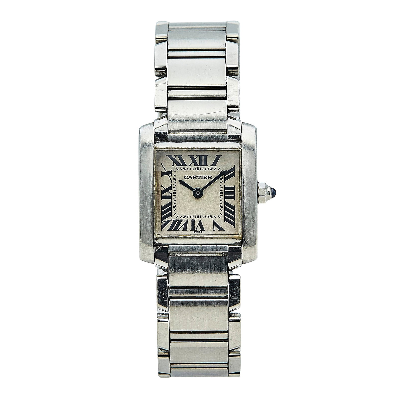 Cartier Tank Francaise Stainless Steel Watch Ref. 2300, circa 2010: BRAND: Cartier; STYLE: Tank Francaise; REF. #: 2300; CONDITION: Pre-owned, Fair; YEAR: Circa 2010; ADDITIONAL COMMENTS: Scratches throughout watch, Scratches to face of sapphire crystal, Chips to edge