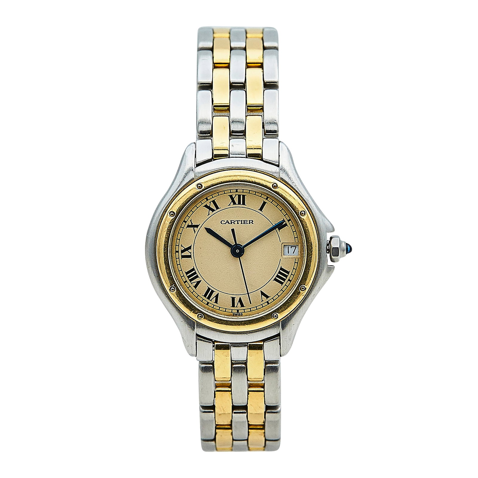 Cartier Cougar Stainless Steel and 18K Yellow Gold Watch Ref. 187906, circa 1990: BRAND: Cartier; STYLE: Cougar; REF. #: 187906; CONDITION: Pre-owned, Good; YEAR: Circa 1990; ADDITIONAL COMMENTS: Scratches throughout watch, Light scratches on face of sapphire crystal, Resistance wh