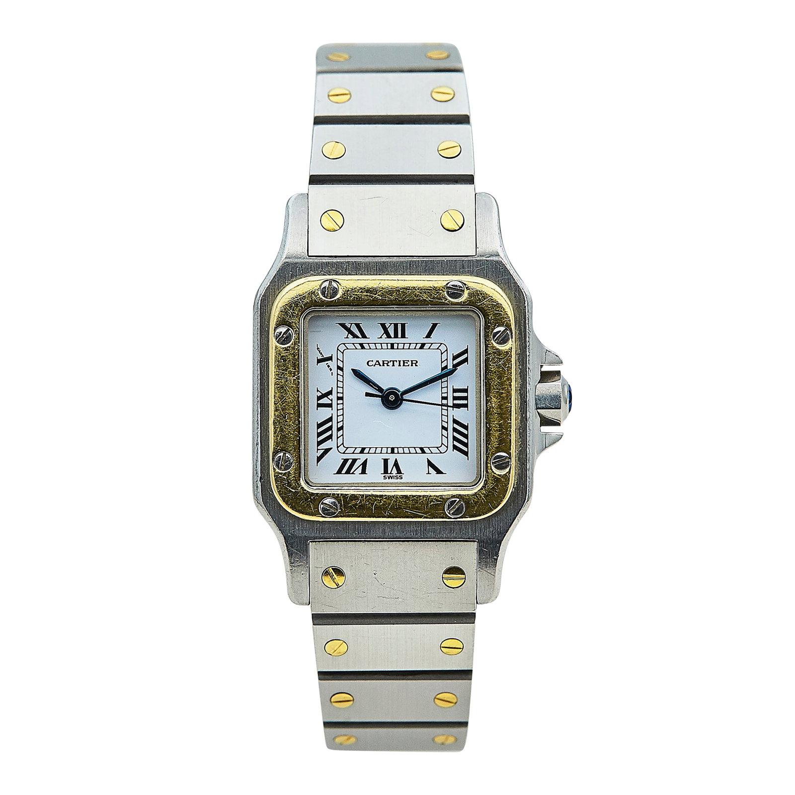 Cartier Santos Galbee Stainless Steel Watch Ref. 0902, circa 1990: BRAND: Cartier; STYLE: Santos Galbee; REF. #: 0902; CONDITION: Pre-owned, Good; YEAR: Circa 1990; ADDITIONAL COMMENTS: Scratches throughout watch, Light scratches to face of sapphire crystal, Resistan