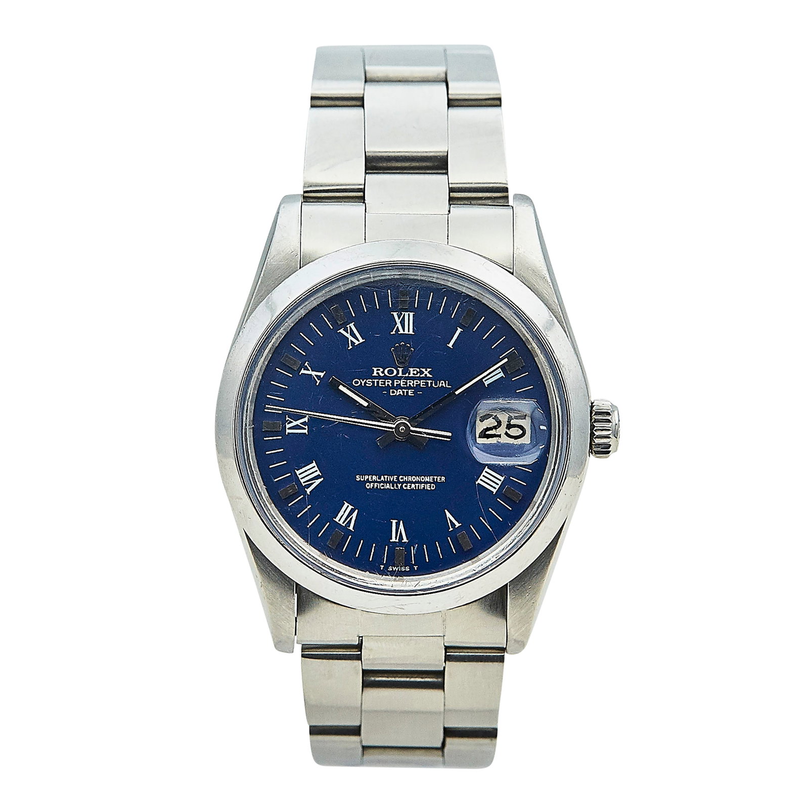 Rolex Oyster Perpetual Stainless Steel Watch Ref. 15000, circa 1981: BRAND: Rolex; STYLE: Date; REF. #: 15000; CONDITION: Pre-owned, Good; YEAR: Circa 1981; ADDITIONAL COMMENTS: 6 mil serial, Scratches throughout watch, Scratches on face of acrylic crystal, Bracelet wi