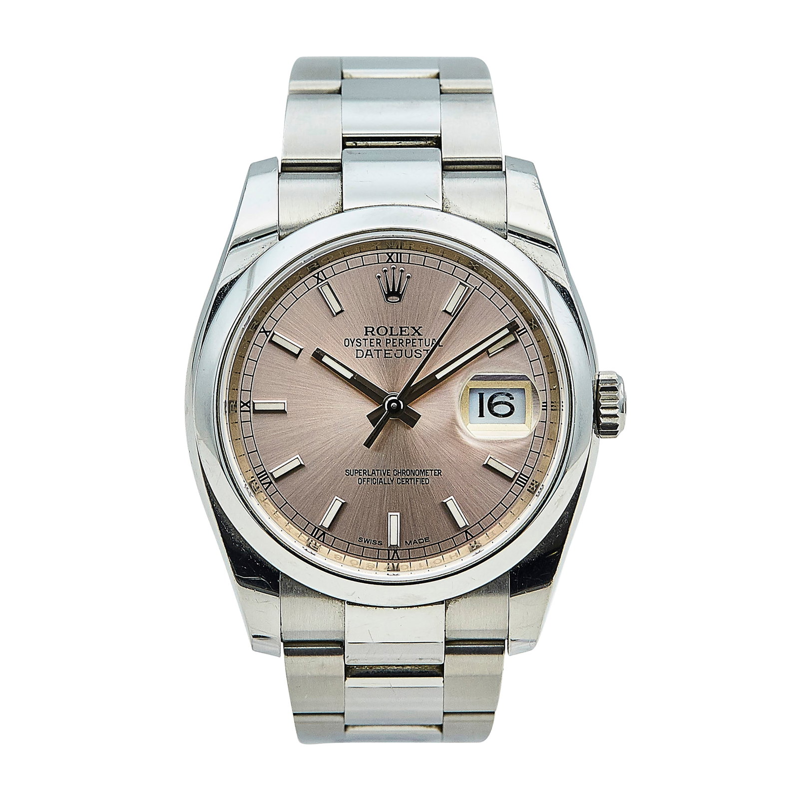 Rolex Datejust Stainless Steel Watch Ref. 116200, 2017: BRAND: Rolex; STYLE: Datejust; REF. #: 116200; CONDITION: Pre-owned, Good; YEAR: 2017; ADDITIONAL COMMENTS: Scrambled serial, Quickset, Scratches throughout watch, Accompanied by warranty card, papers