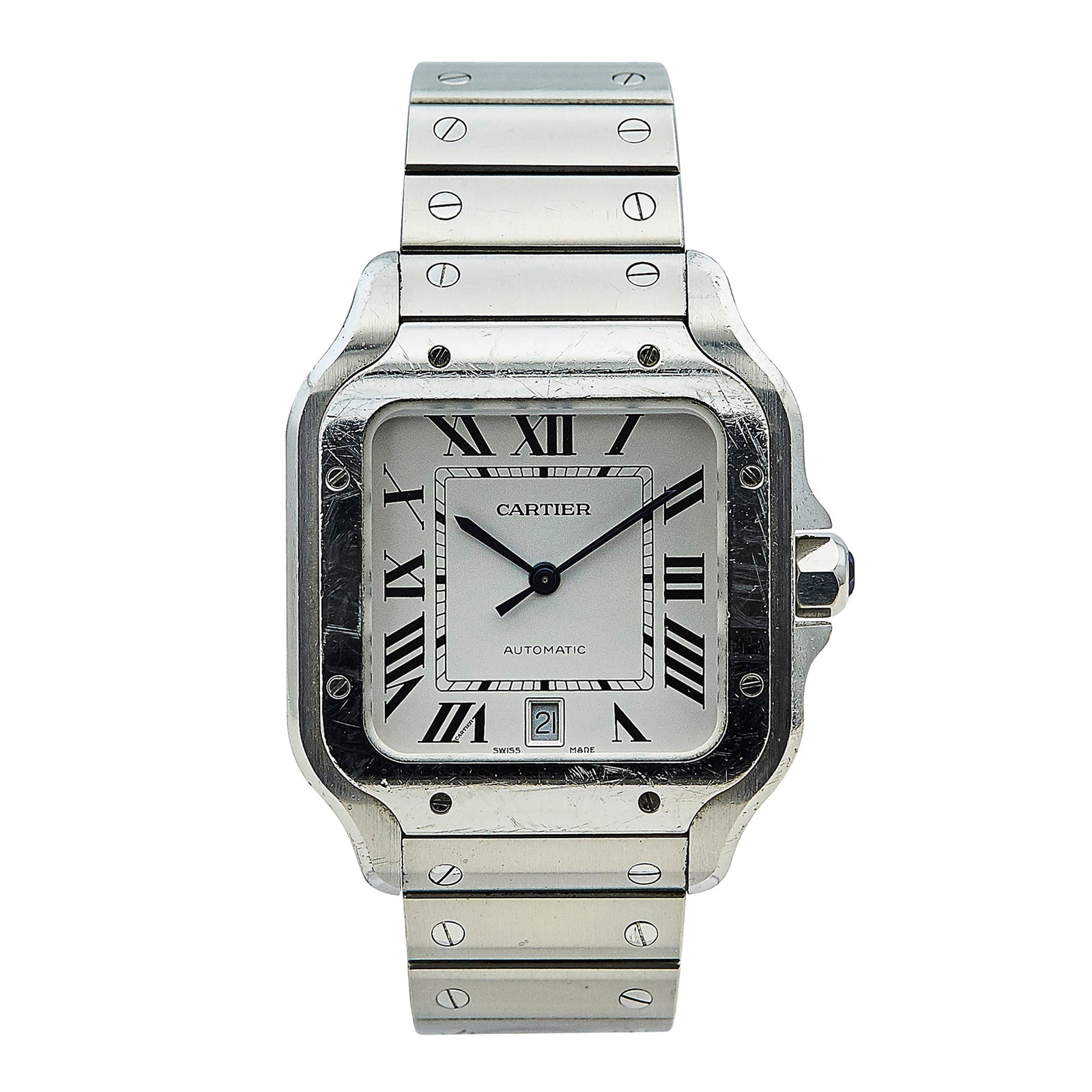 Cartier Santos Stainless Steel Watch Ref. 4072, 2021: BRAND: Cartier; STYLE: Santos; REF. #: 4072; CONDITION: Pre-owned, Good; YEAR: 2021; ADDITIONAL COMMENTS: Scratches throughout watch, Impacts on case, Light chips on face of sapphire crystal, Abrasion