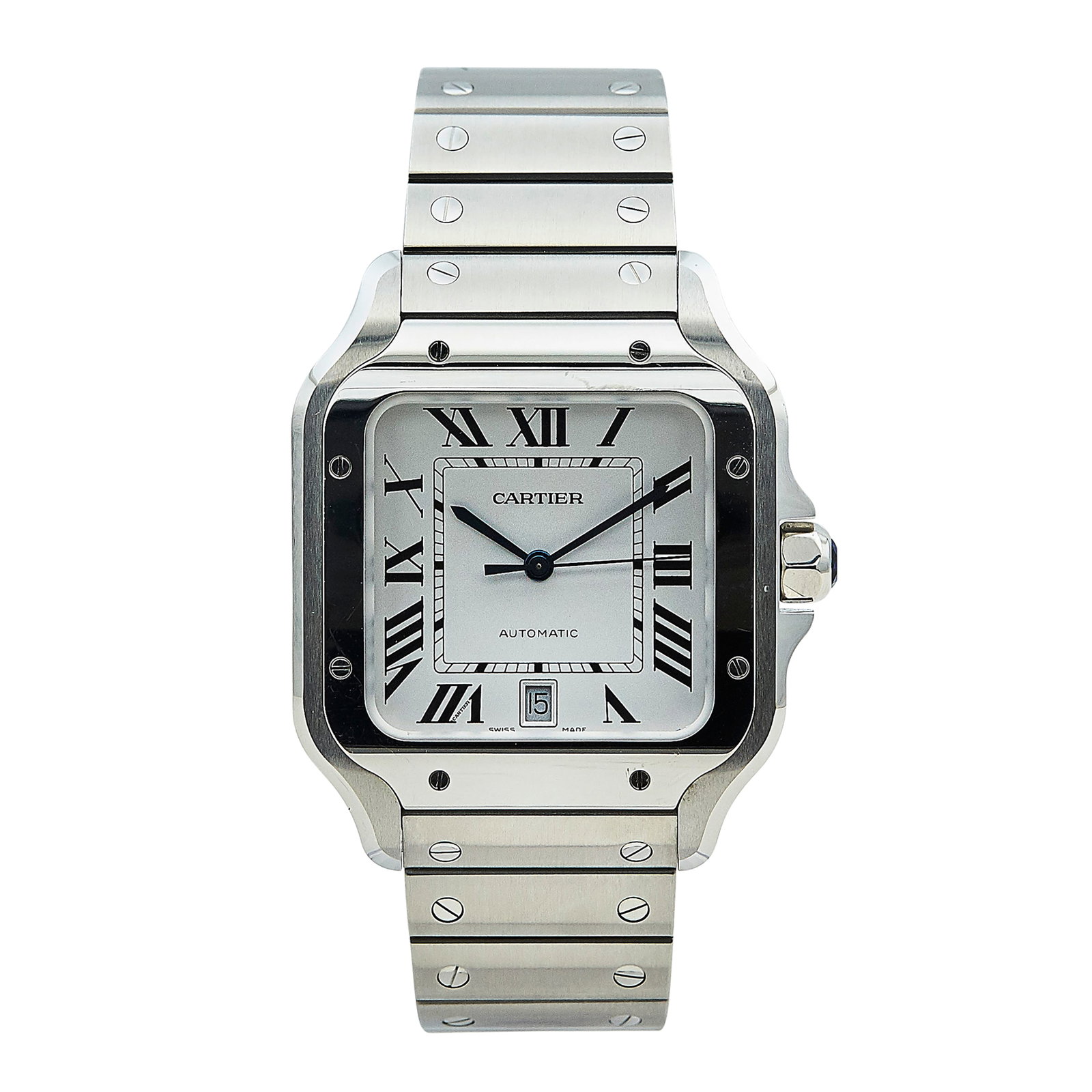 Cartier Santos Stainless Steel Watch Ref. 4072, circa 2022: BRAND: Cartier; STYLE: Santos; REF. #: 4072; CONDITION: Pre-owned, Very Good; YEAR: Circa 2022; ADDITIONAL COMMENTS: Scratches throughout watch, Accompanied by two additional leather straps, warranty 