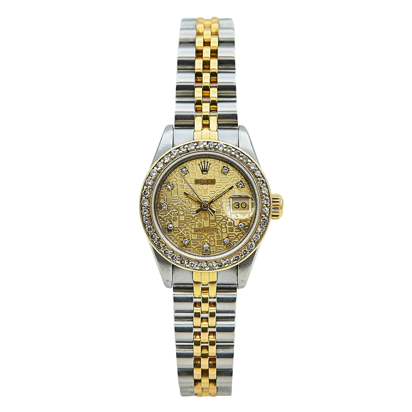 Rolex Datejust 18K Yellow Gold/SS Watch Ref. 69173, circa 1990: BRAND: Rolex; STYLE: Datejust; REF. #: 69173; CONDITION: Pre-owned, Good; YEAR: Circa 1990; ADDITIONAL COMMENTS: E serial, Scratches throughout watch, Light chips on edge of mineral crystal, Diamond b