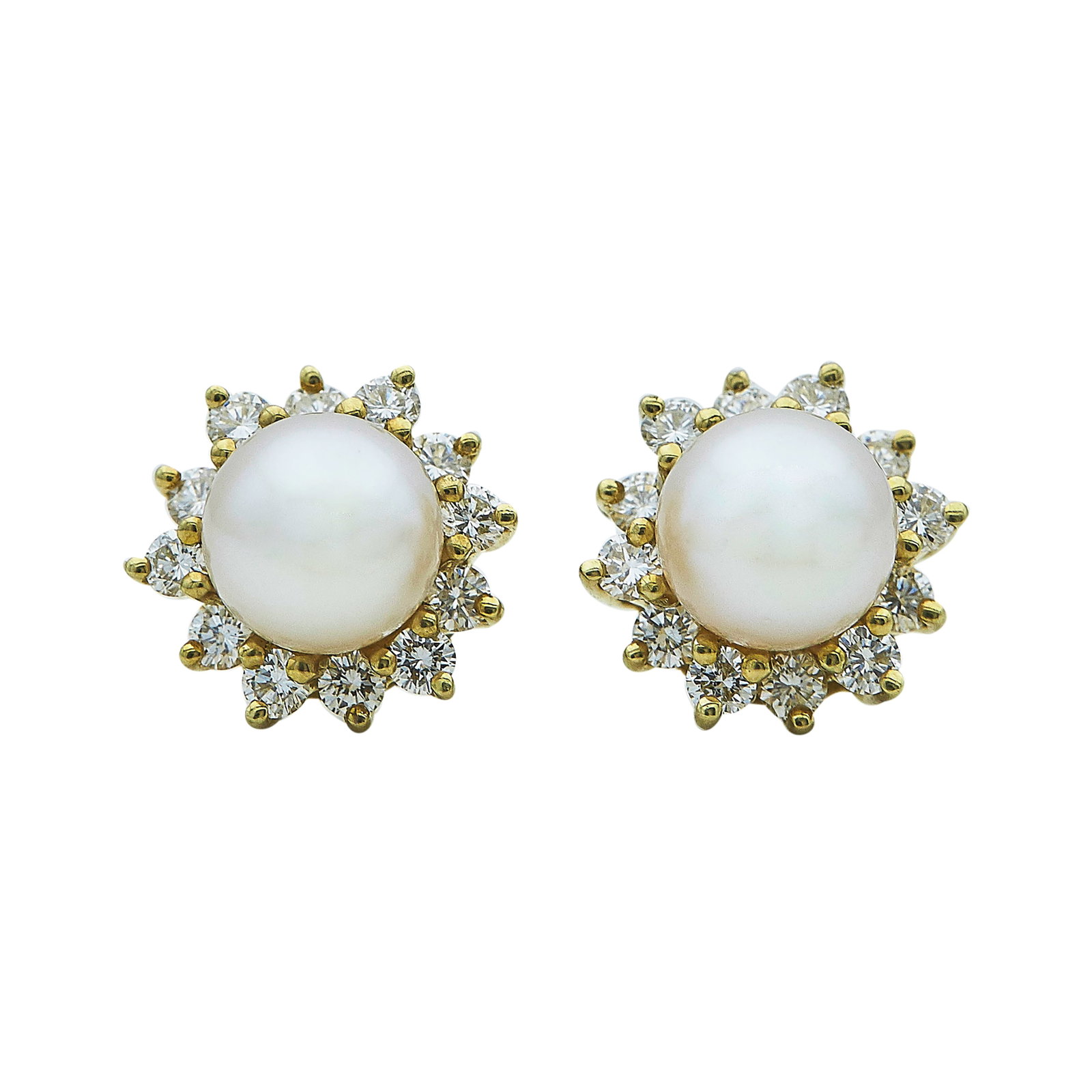 18K Yellow Gold, Pearl, Diamond Fixed-Jacket Earrings: METAL: 18K Yellow Gold; APPROXIMATE TOTAL DIAMOND WEIGHT: 0.96 ctw; GEMSTONES: Pearls approx. 8.00 mm in diameter; STAMPED: Maker's mark, 18K; CONDITION: Pre-owned, Very Good; ITEM WEIGHT (GRAMS): 7.3