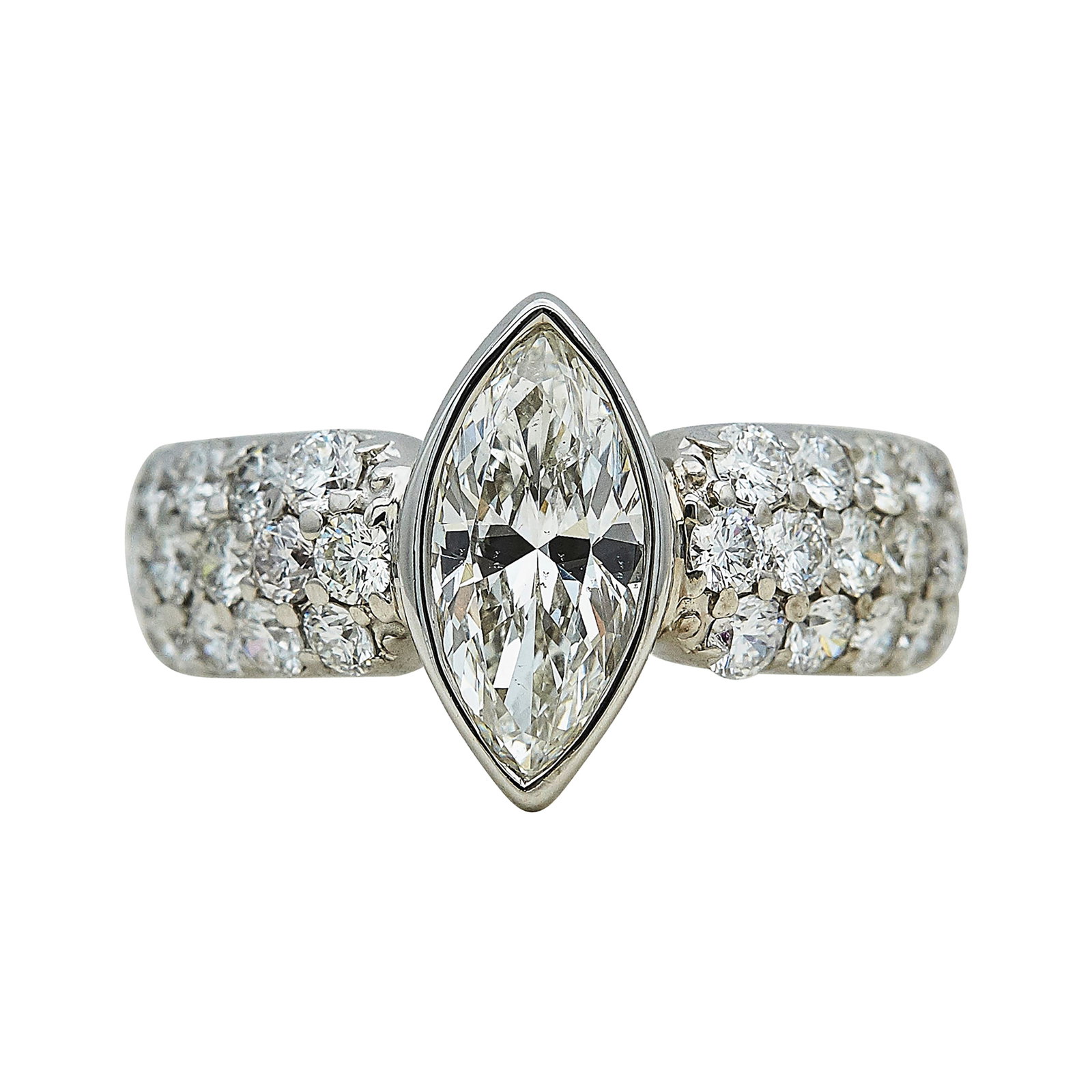 14K White Gold and Marquise Diamond Ring: METAL: 14K White Gold; APPROXIMATE TOTAL DIAMOND WEIGHT: 2.78 ctw; STAMPED: 14K, Maker's mark; CONDITION: Pre-owned, Very Good; ITEM WEIGHT (GRAMS): 7.4 g; MEASUREMENTS: Ring size 6 1/2, Center diamon