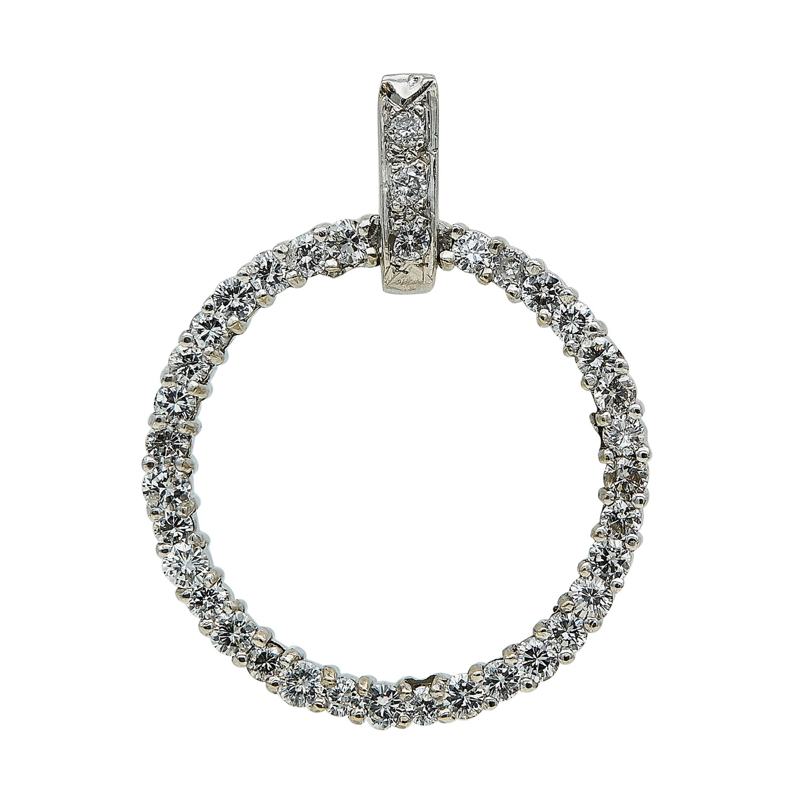 14K White Gold and Diamond Circle Pendant: METAL: 14K White Gold; APPROXIMATE TOTAL DIAMOND WEIGHT: 1.14 ctw; STAMPED: US©; CONDITION: Pre-owned, Good; ITEM WEIGHT (GRAMS): 4.7 g; MEASUREMENTS: Pendant approx. 1 3/16 inch long including bail 