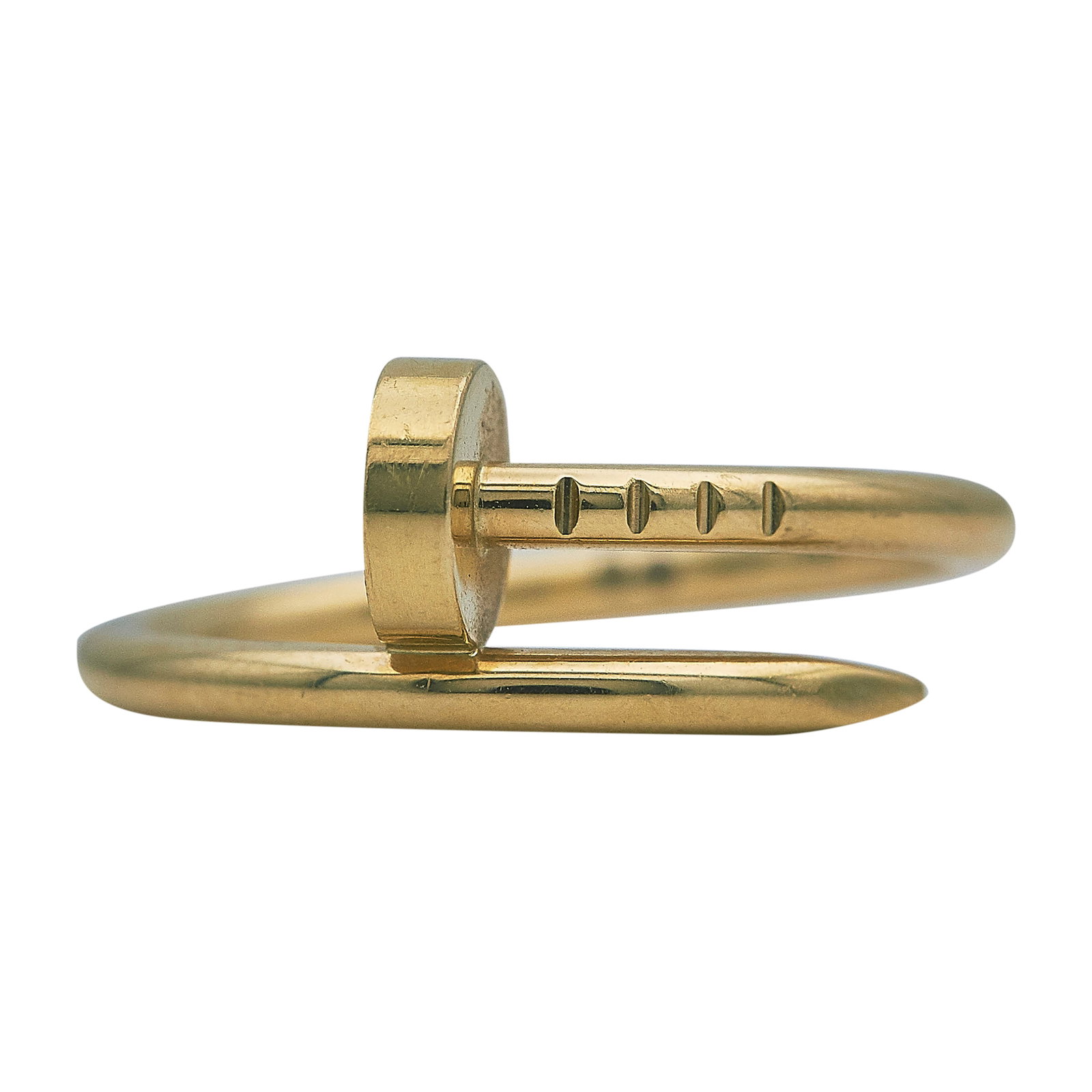 Cartier Juste un Clou Small Model 18K Yellow Gold Ring: BRAND: Cartier; COLLECTION: Juste un Clou; METAL: 18K Yellow Gold; STAMPED: © Cartier, 50, serial number, Au750, Maker's Mark, French marks; CONDITION: Pre-owned, Very Good; ITEM WEIGHT (GRAMS): 3.4 